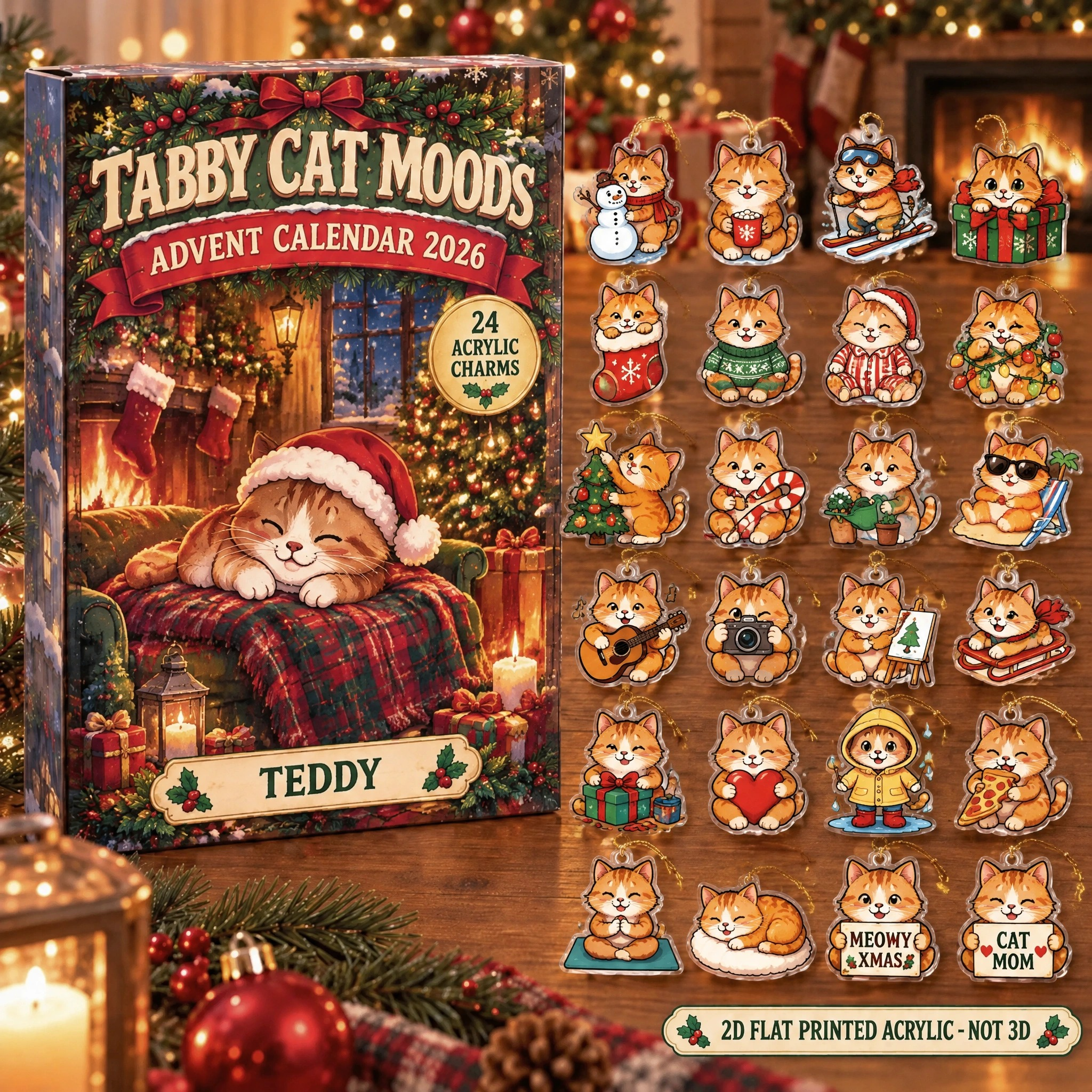 Personalized 24 Moods Orange Tabby advent calendar box with 24 flat acrylic Christmas charms