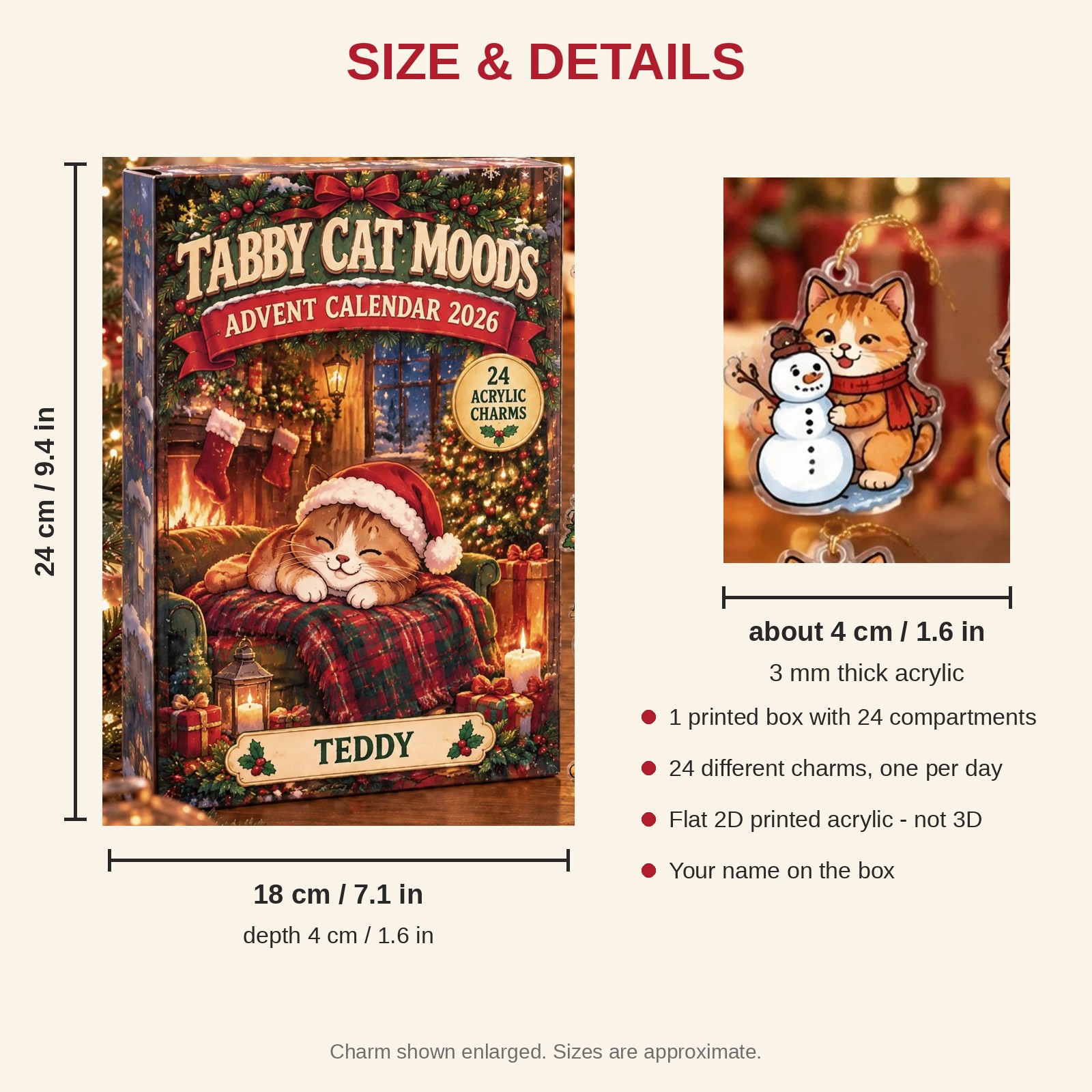 Personalized 24 Moods Orange Tabby advent calendar box with 24 flat acrylic Christmas charms: box and charm sizes