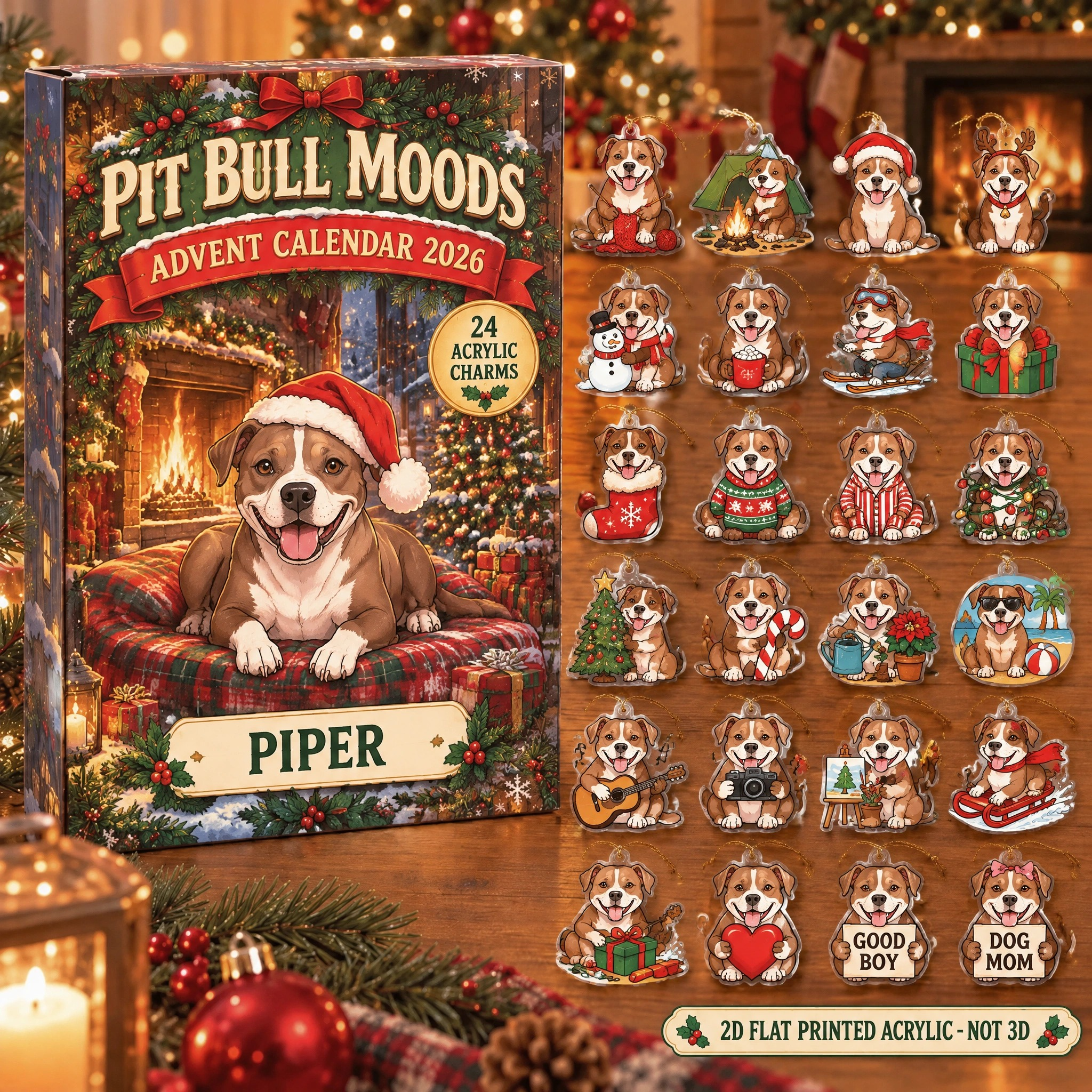 Personalized 24 Moods Pit Bull advent calendar box with 24 flat acrylic Christmas charms