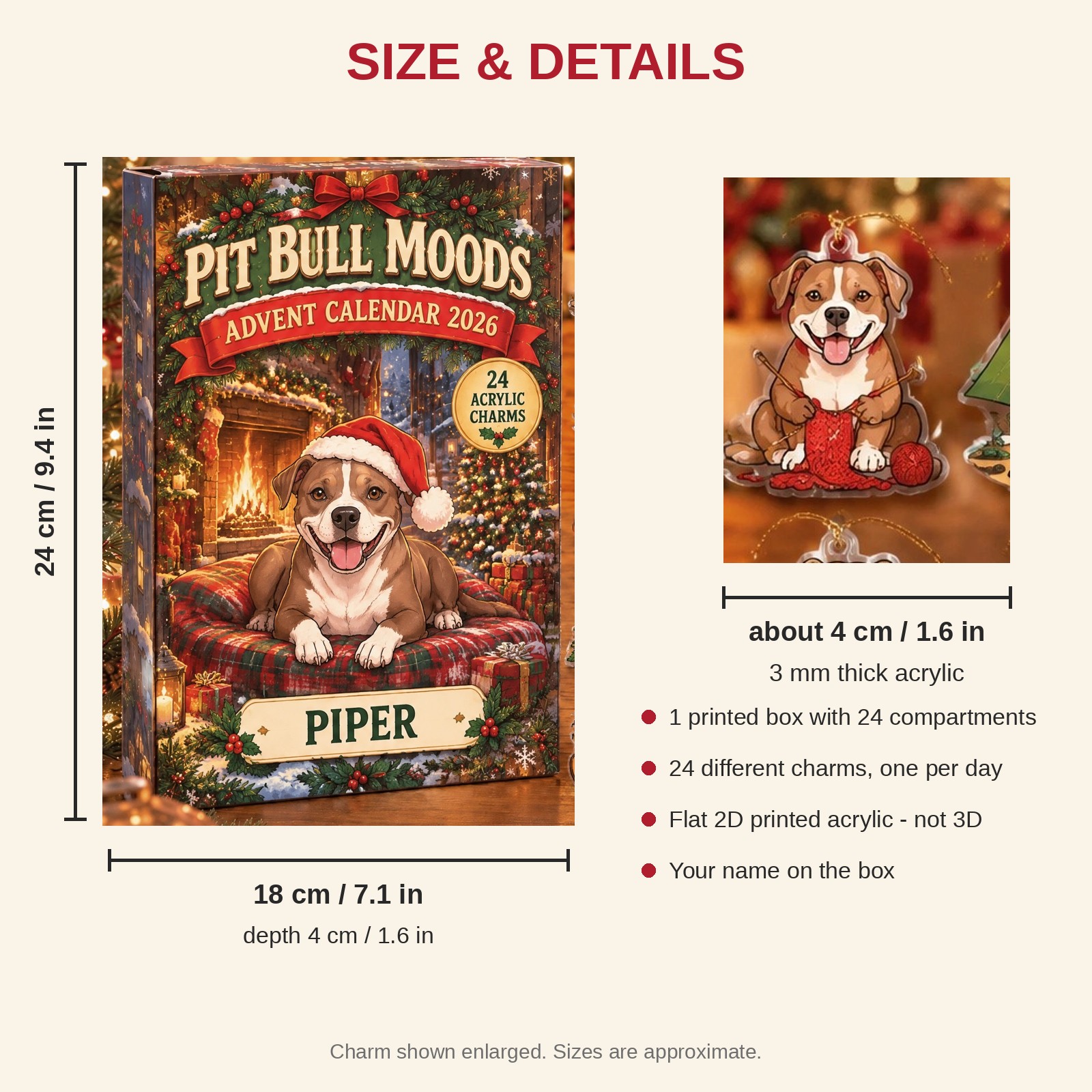 Personalized 24 Moods Pit Bull advent calendar box with 24 flat acrylic Christmas charms: box and charm sizes
