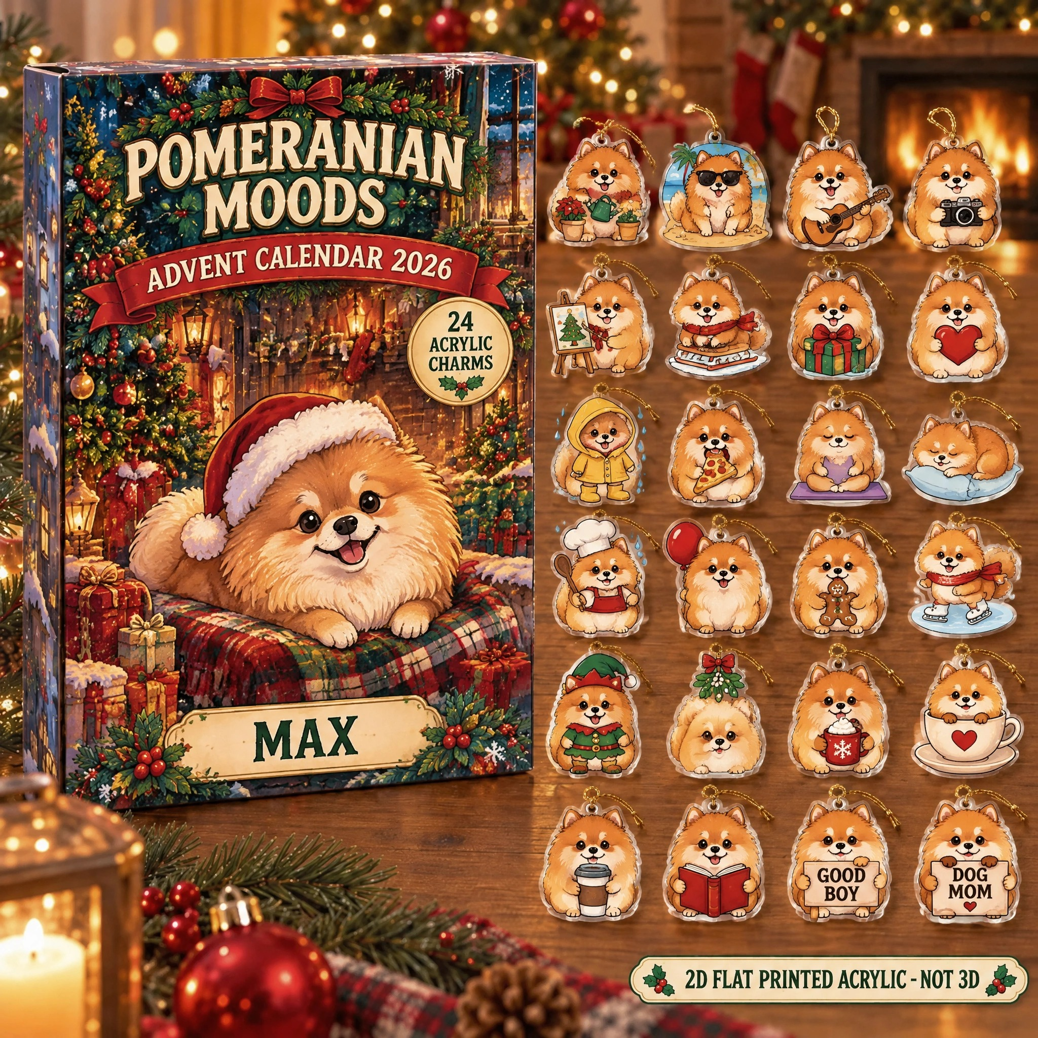 Personalized 24 Moods Pomeranian advent calendar box with 24 flat acrylic Christmas charms