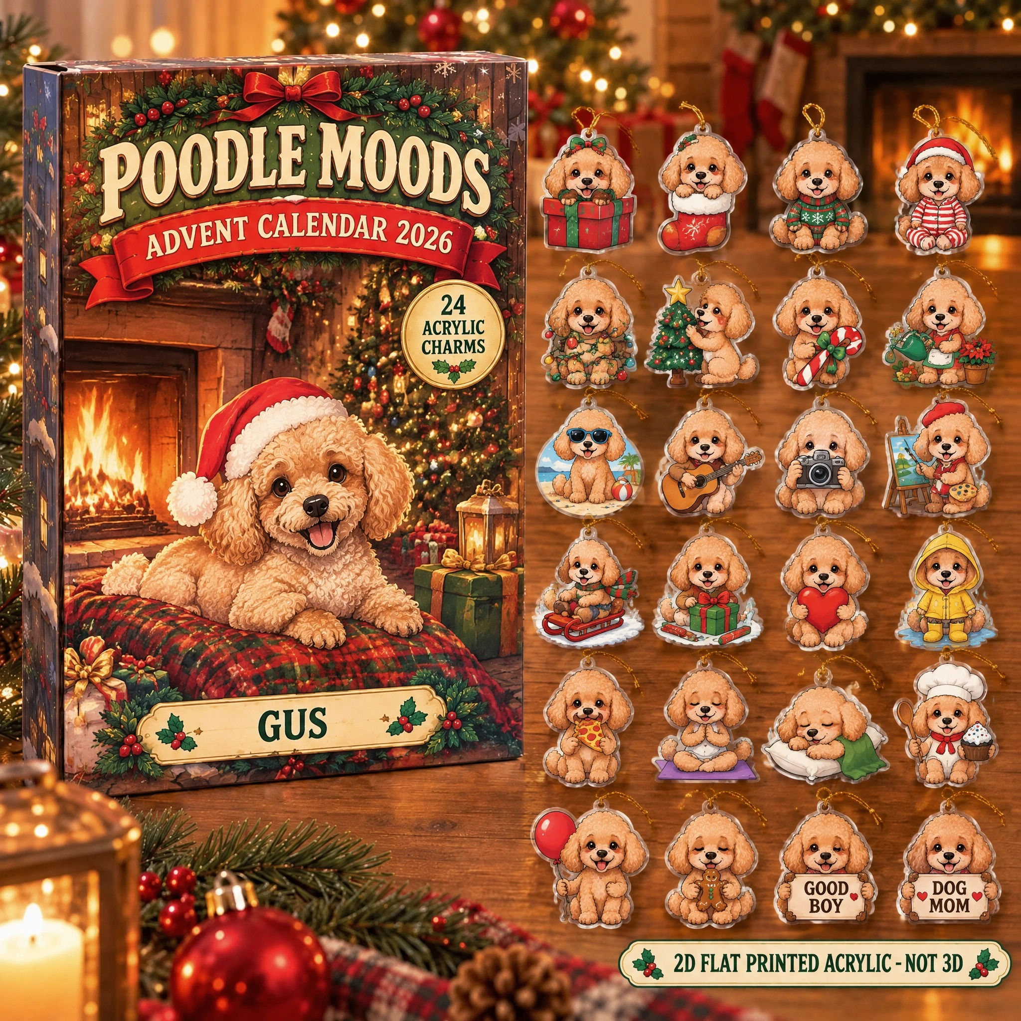 Personalized 24 Moods Poodle advent calendar box with 24 flat acrylic Christmas charms