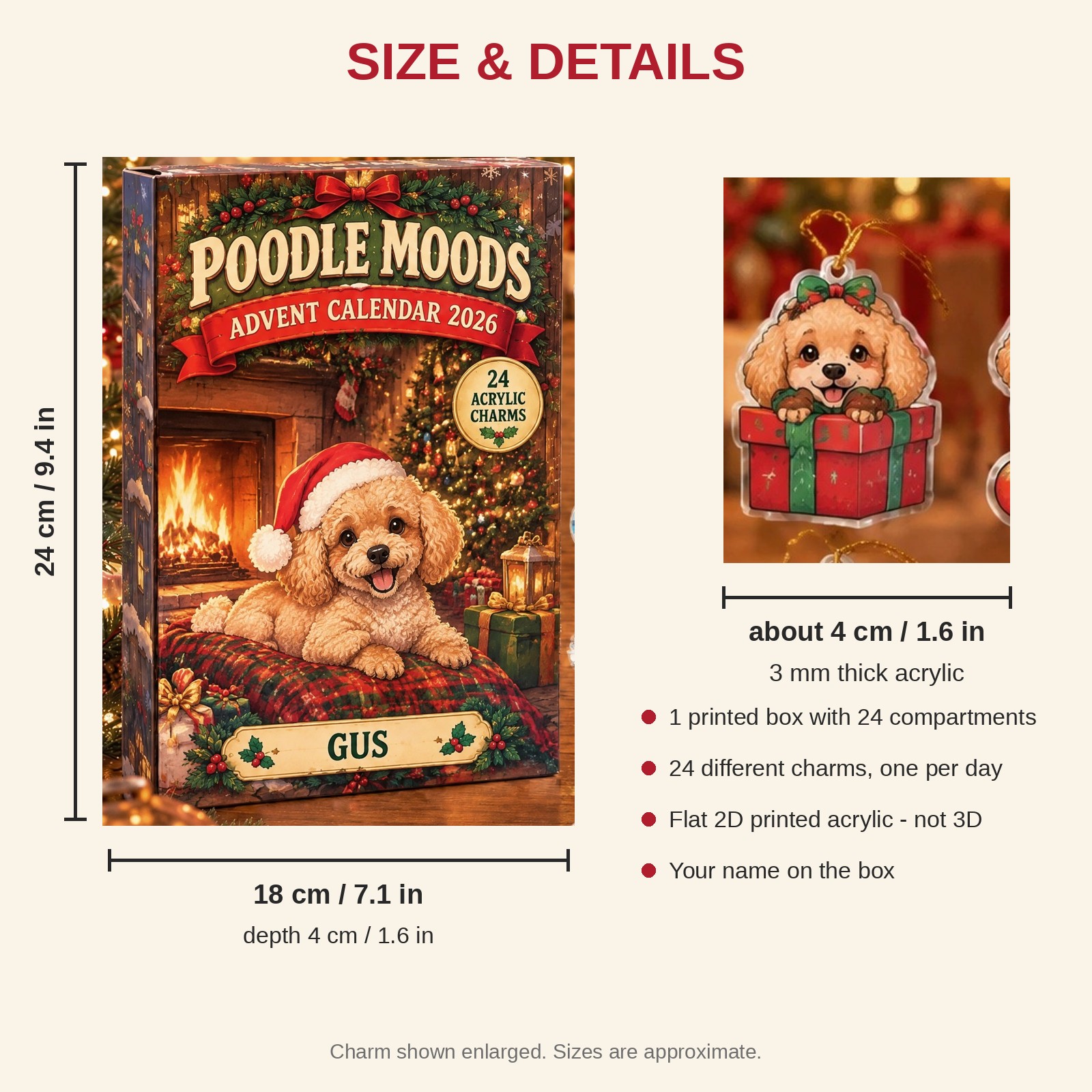 Personalized 24 Moods Poodle advent calendar box with 24 flat acrylic Christmas charms: box and charm sizes