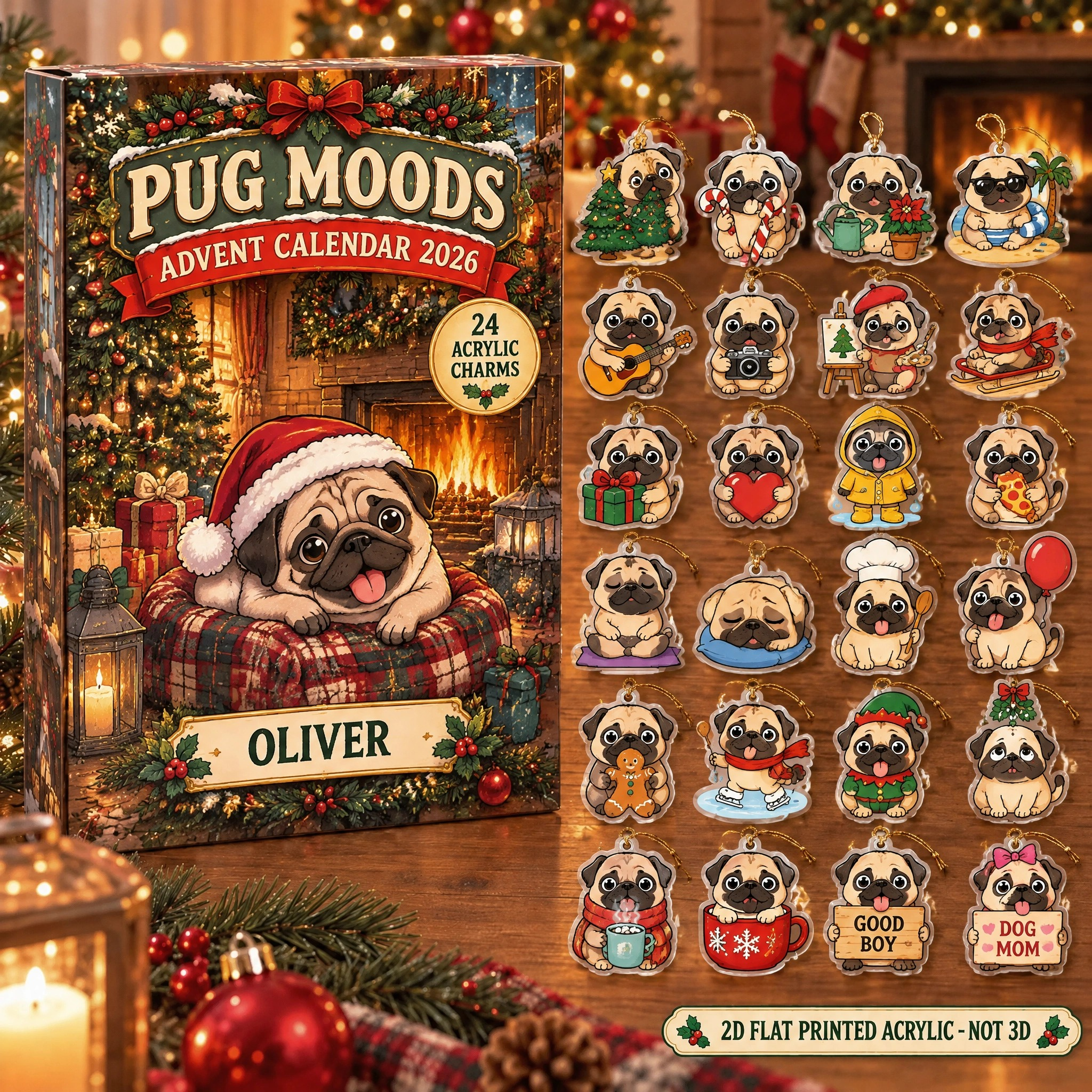 Personalized 24 Moods Pug advent calendar box with 24 flat acrylic Christmas charms