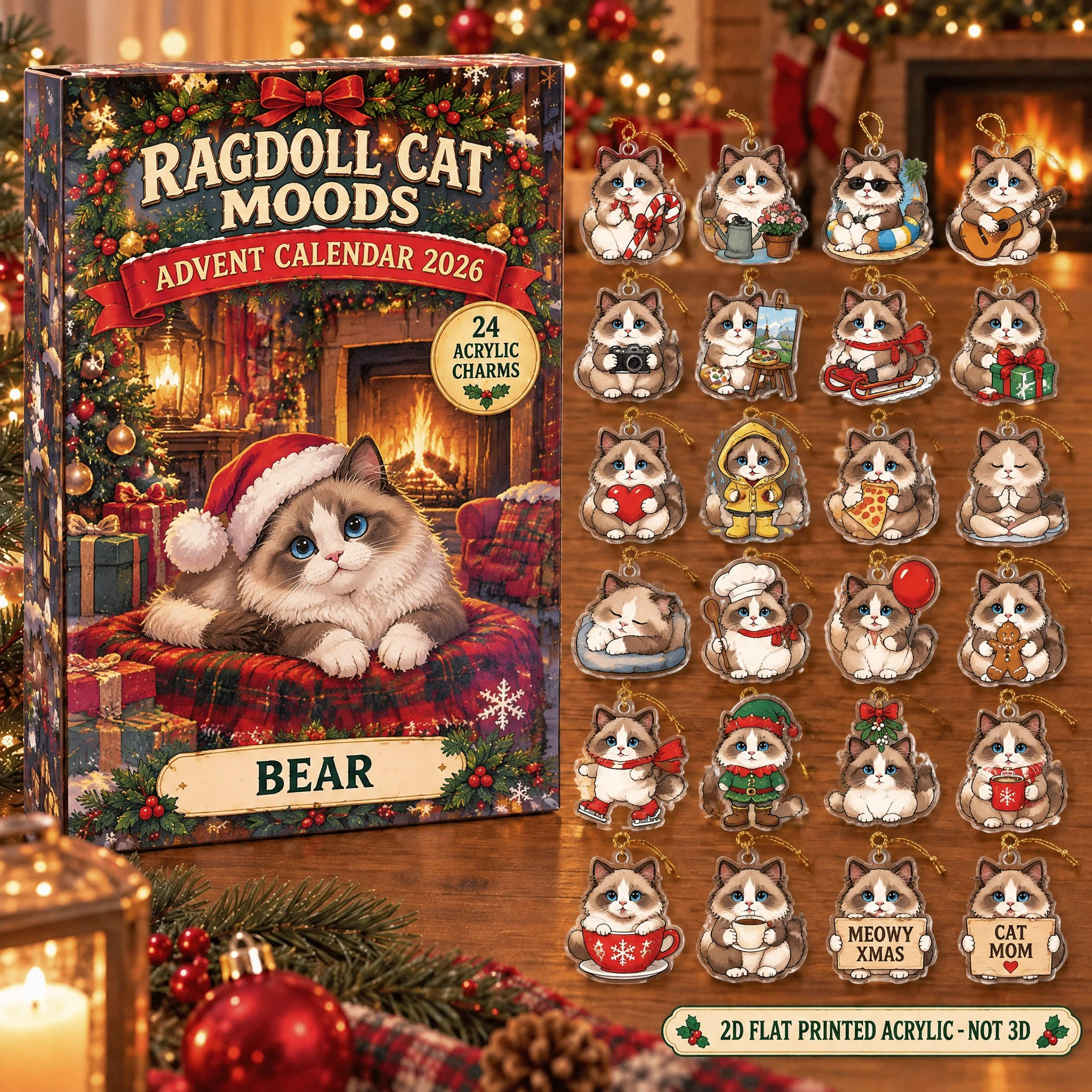 Personalized 24 Moods Ragdoll advent calendar box with 24 flat acrylic Christmas charms