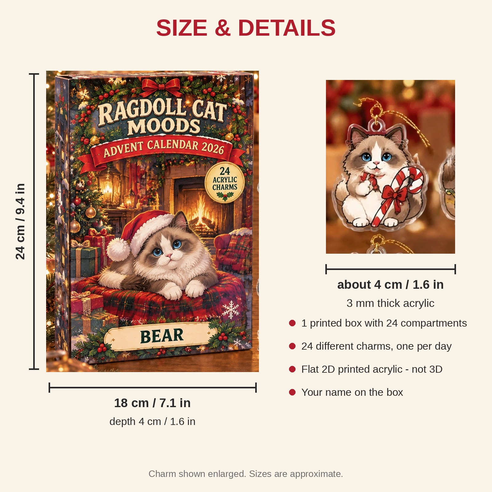 Personalized 24 Moods Ragdoll advent calendar box with 24 flat acrylic Christmas charms: box and charm sizes