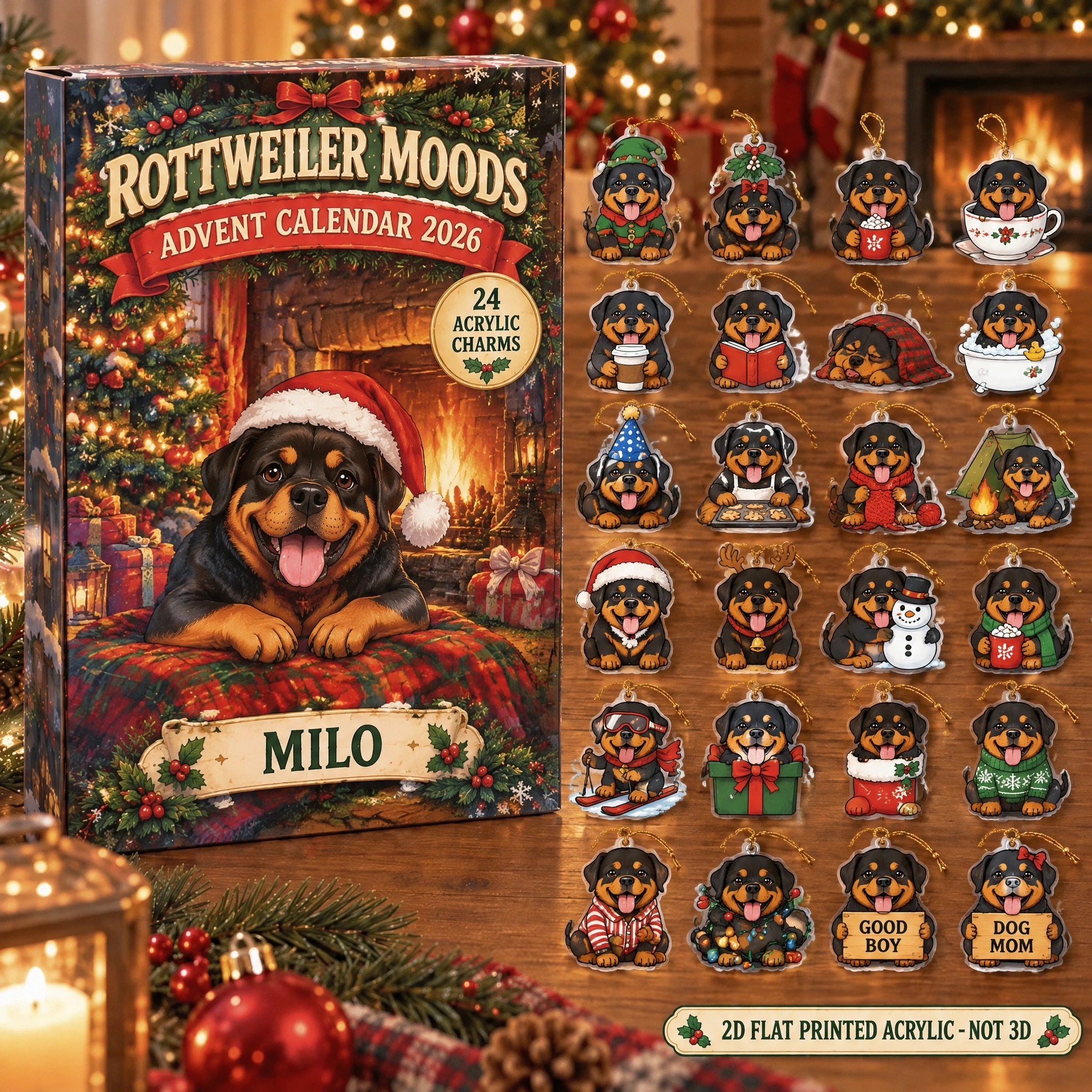 Personalized 24 Moods Rottweiler advent calendar box with 24 flat acrylic Christmas charms