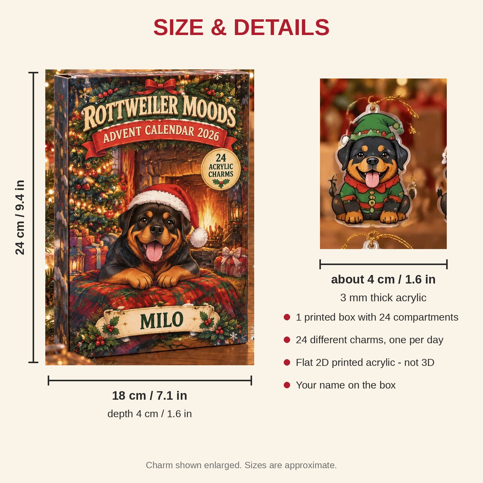 Personalized 24 Moods Rottweiler advent calendar box with 24 flat acrylic Christmas charms: box and charm sizes