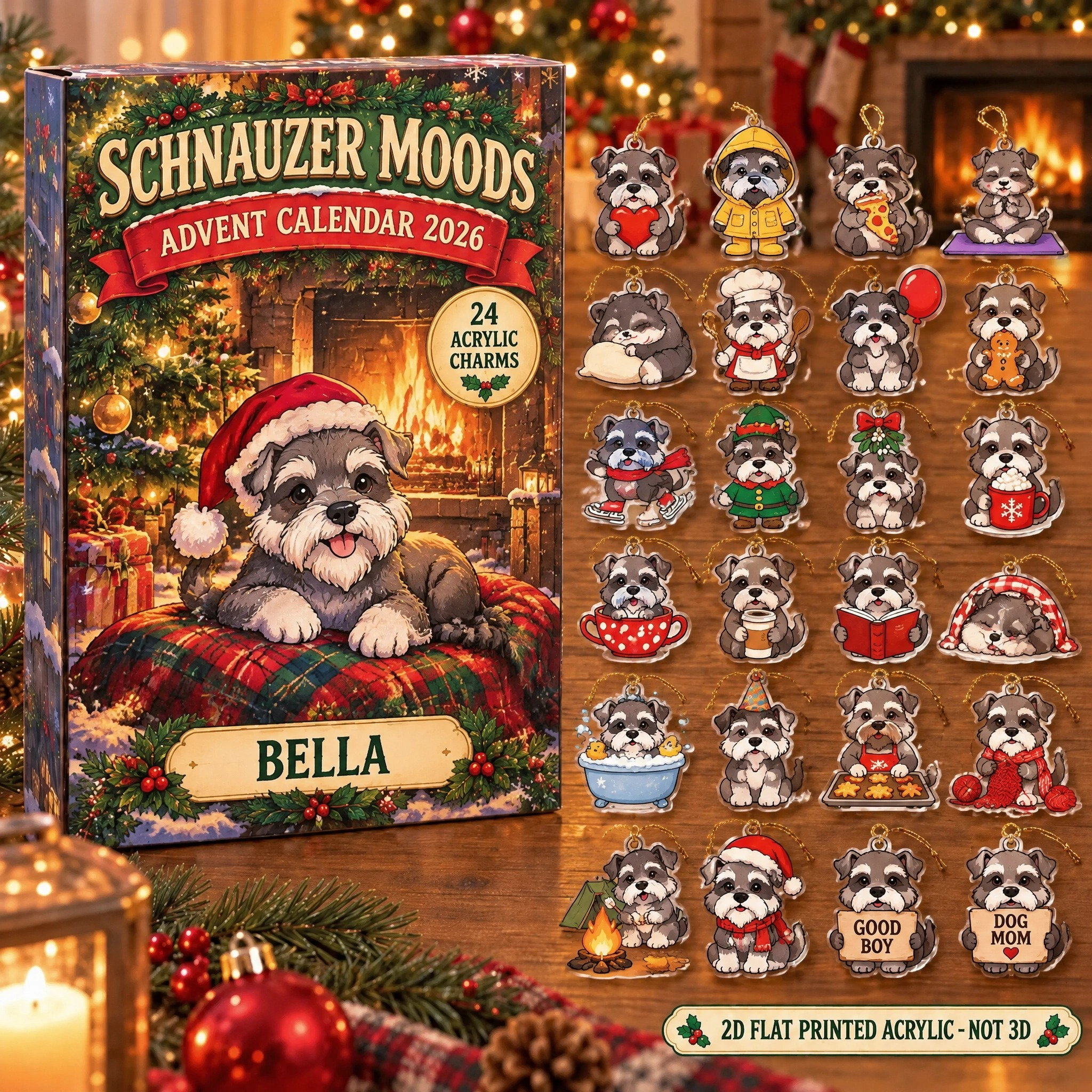 Personalized 24 Moods Schnauzer advent calendar box with 24 flat acrylic Christmas charms
