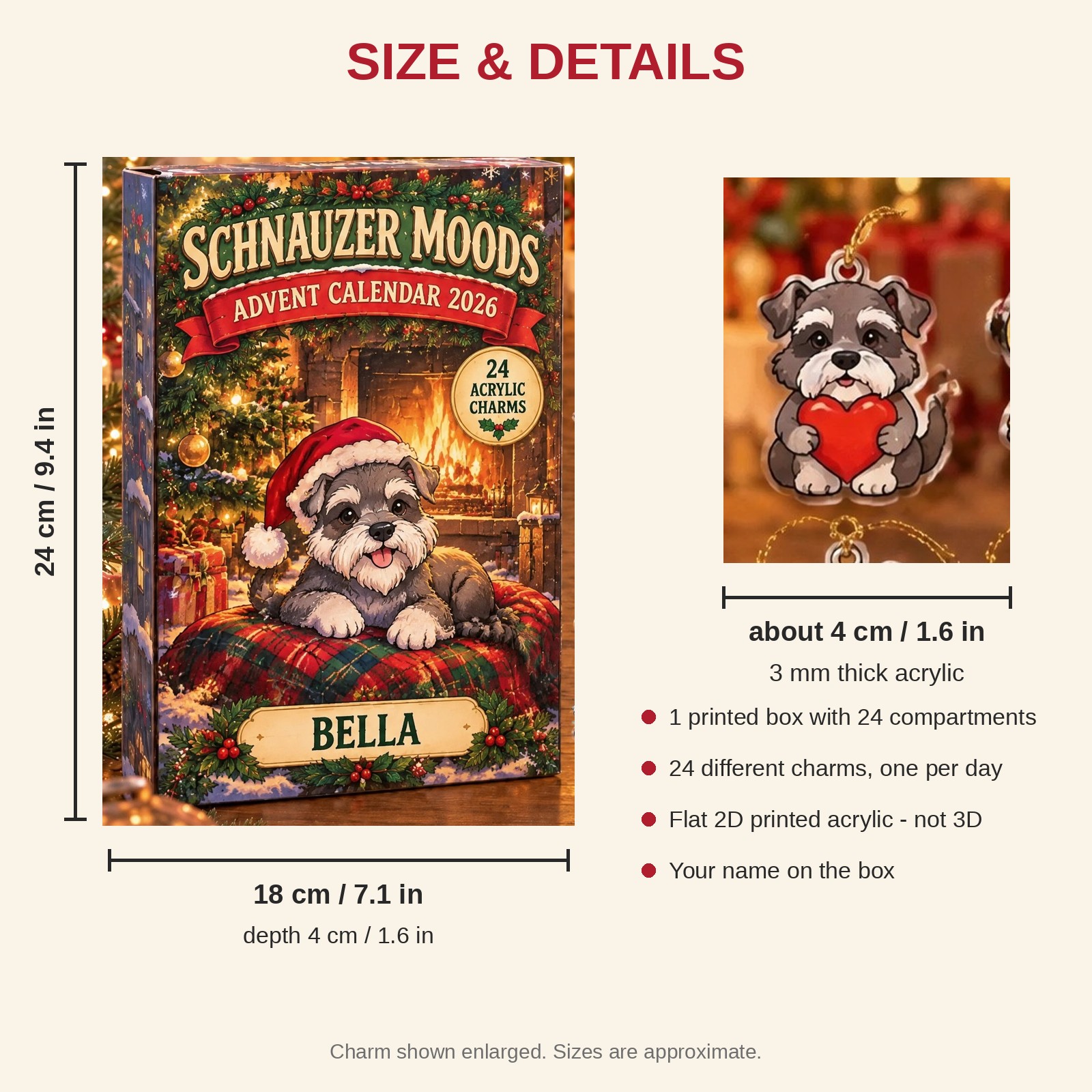 Personalized 24 Moods Schnauzer advent calendar box with 24 flat acrylic Christmas charms: box and charm sizes