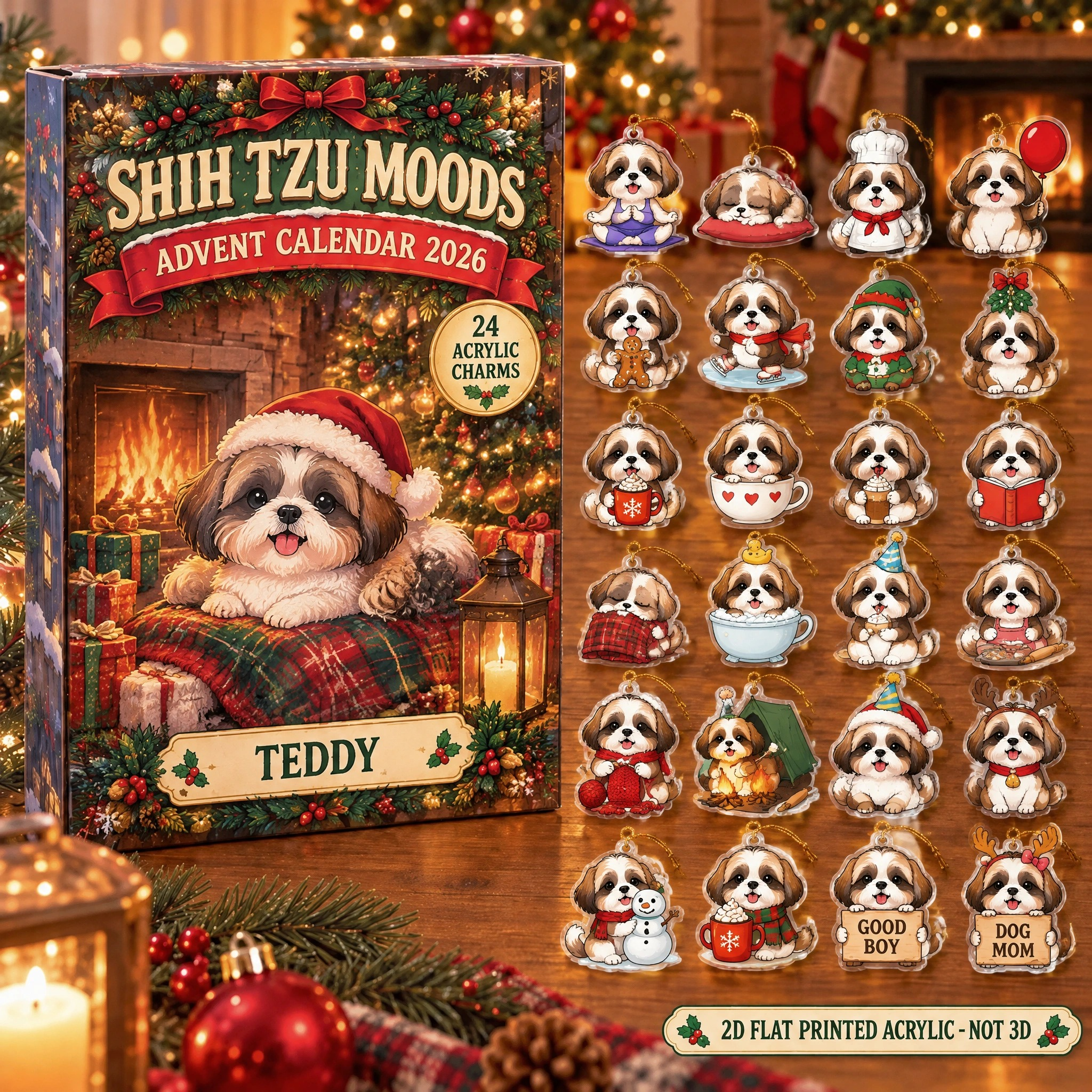Personalized 24 Moods Shih Tzu advent calendar box with 24 flat acrylic Christmas charms