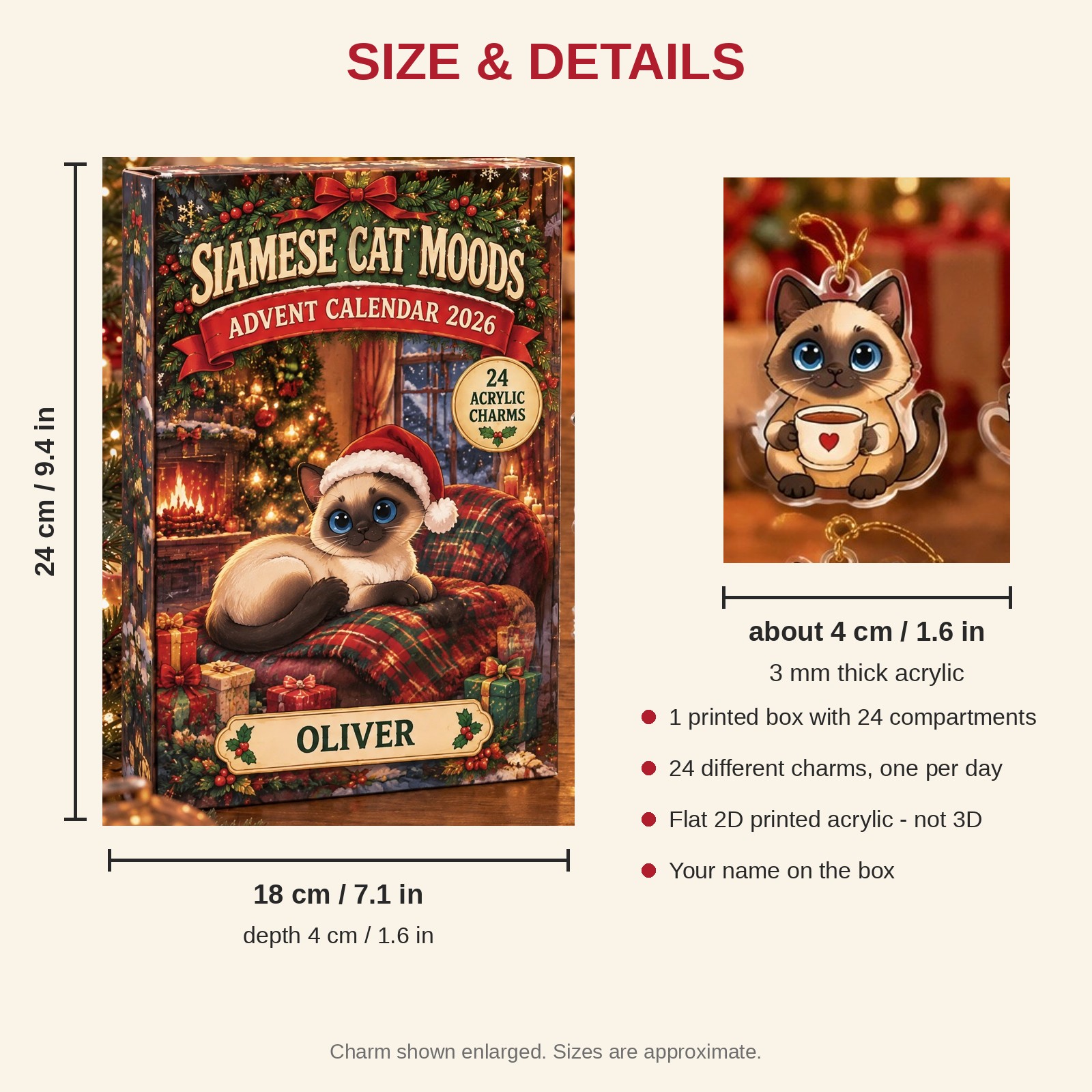Personalized 24 Moods Siamese advent calendar box with 24 flat acrylic Christmas charms: box and charm sizes