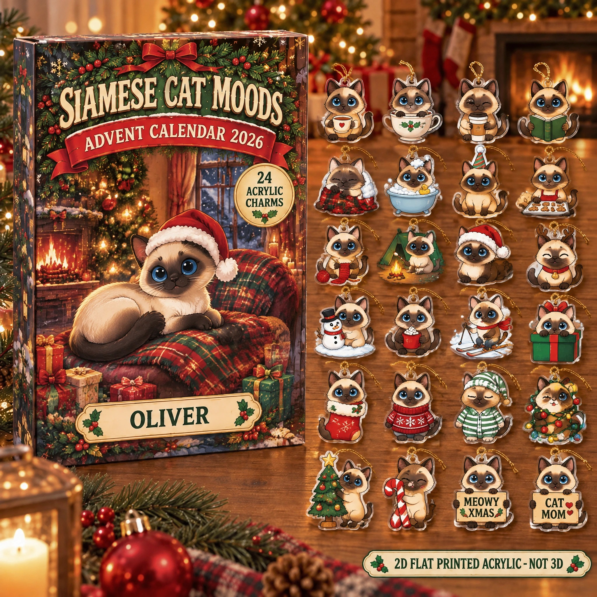 Personalized 24 Moods Siamese advent calendar box with 24 flat acrylic Christmas charms