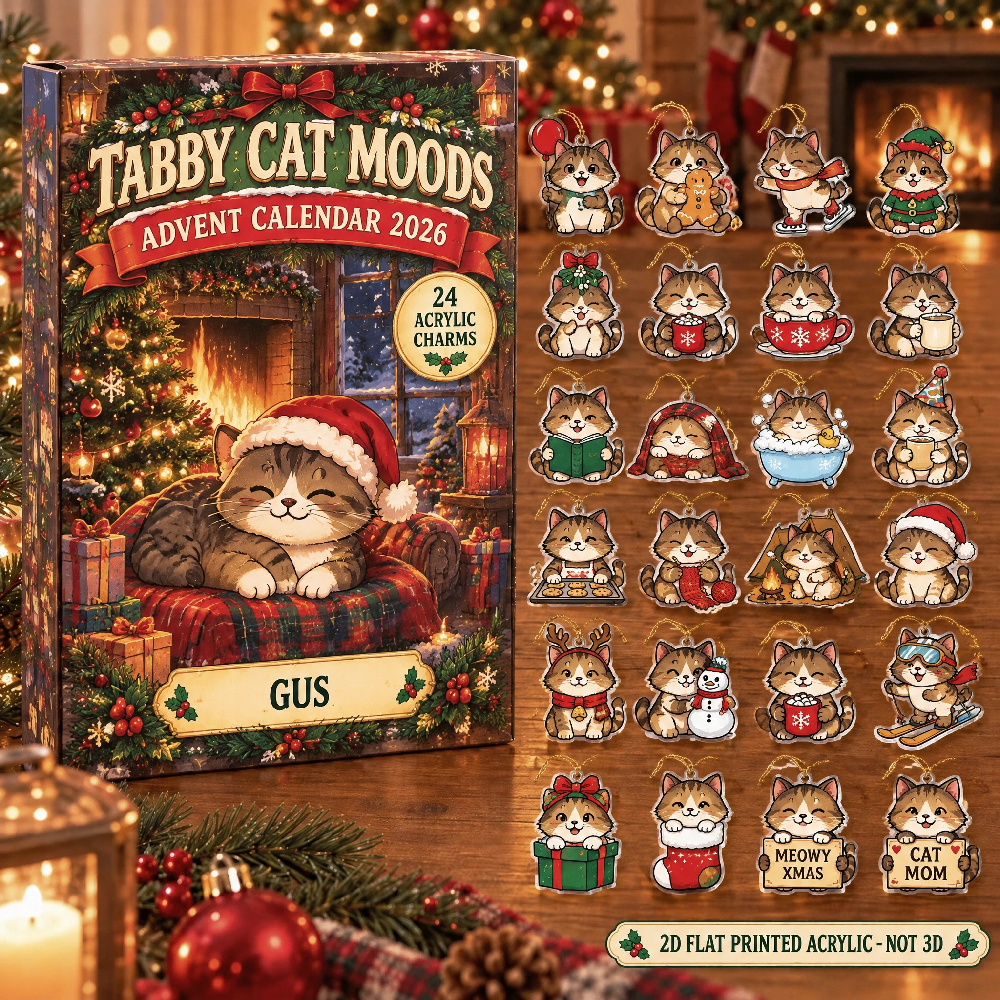 Personalized 24 Moods Tabby advent calendar box with 24 flat acrylic Christmas charms