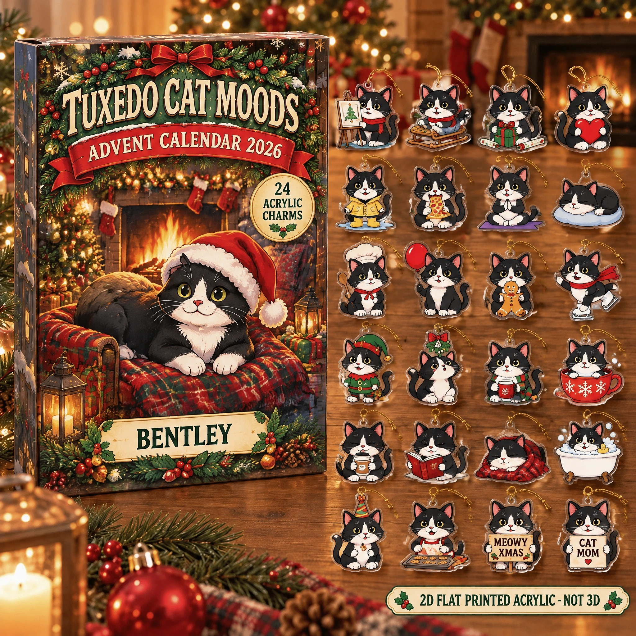 Personalized 24 Moods Tuxedo advent calendar box with 24 flat acrylic Christmas charms