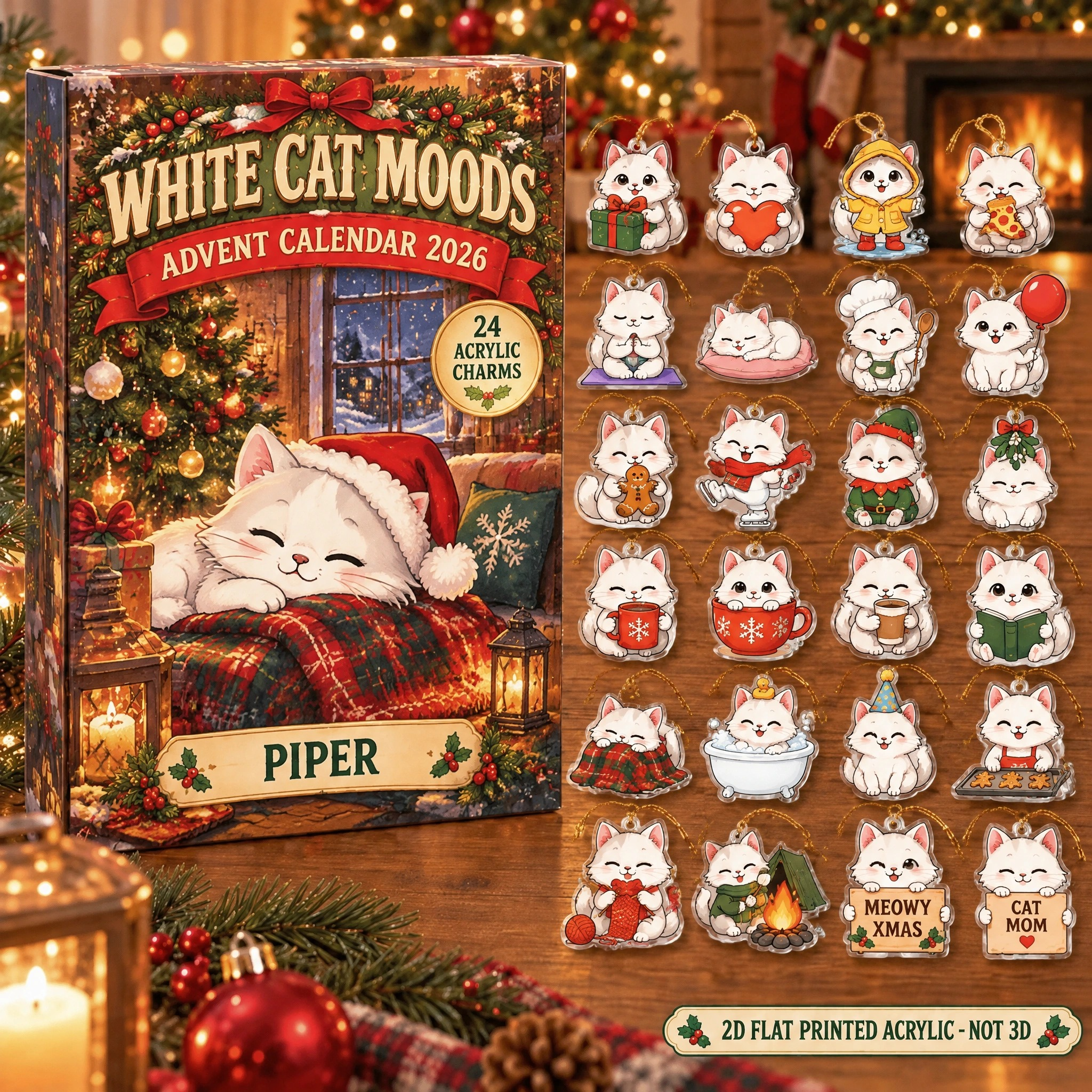 Personalized 24 Moods White advent calendar box with 24 flat acrylic Christmas charms