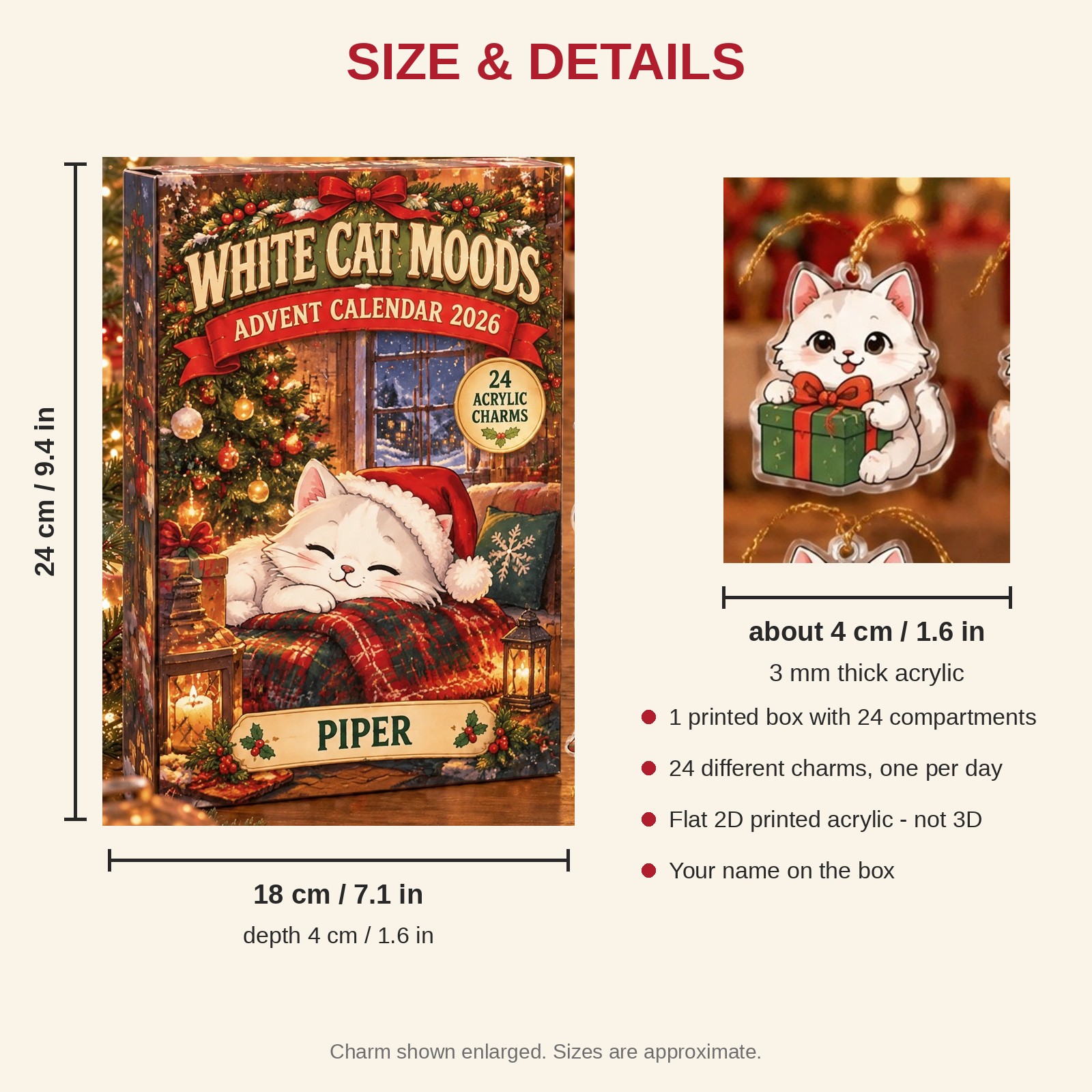 Personalized 24 Moods White advent calendar box with 24 flat acrylic Christmas charms: box and charm sizes