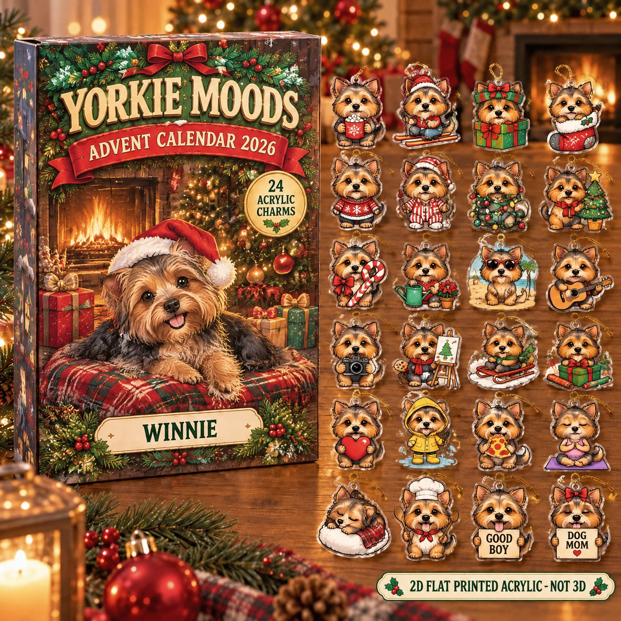 Personalized 24 Moods Yorkie advent calendar box with 24 flat acrylic Christmas charms