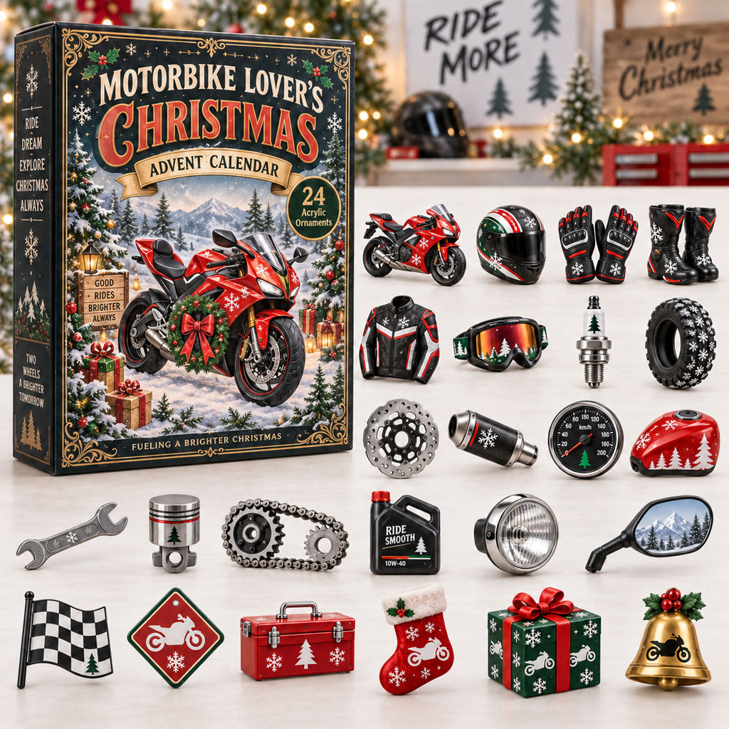 Motorbike Lover Christmas advent calendar box with 24 acrylic Christmas charms