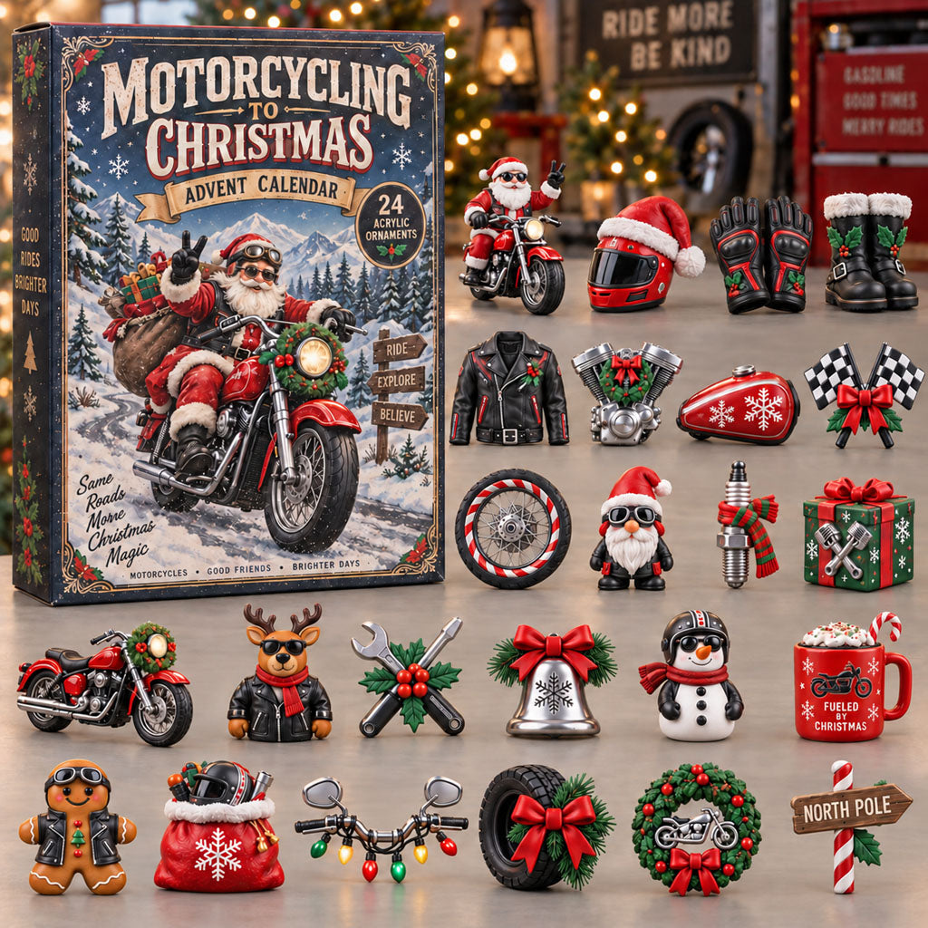 Motorcycling advent calendar box with 24 acrylic Christmas charms
