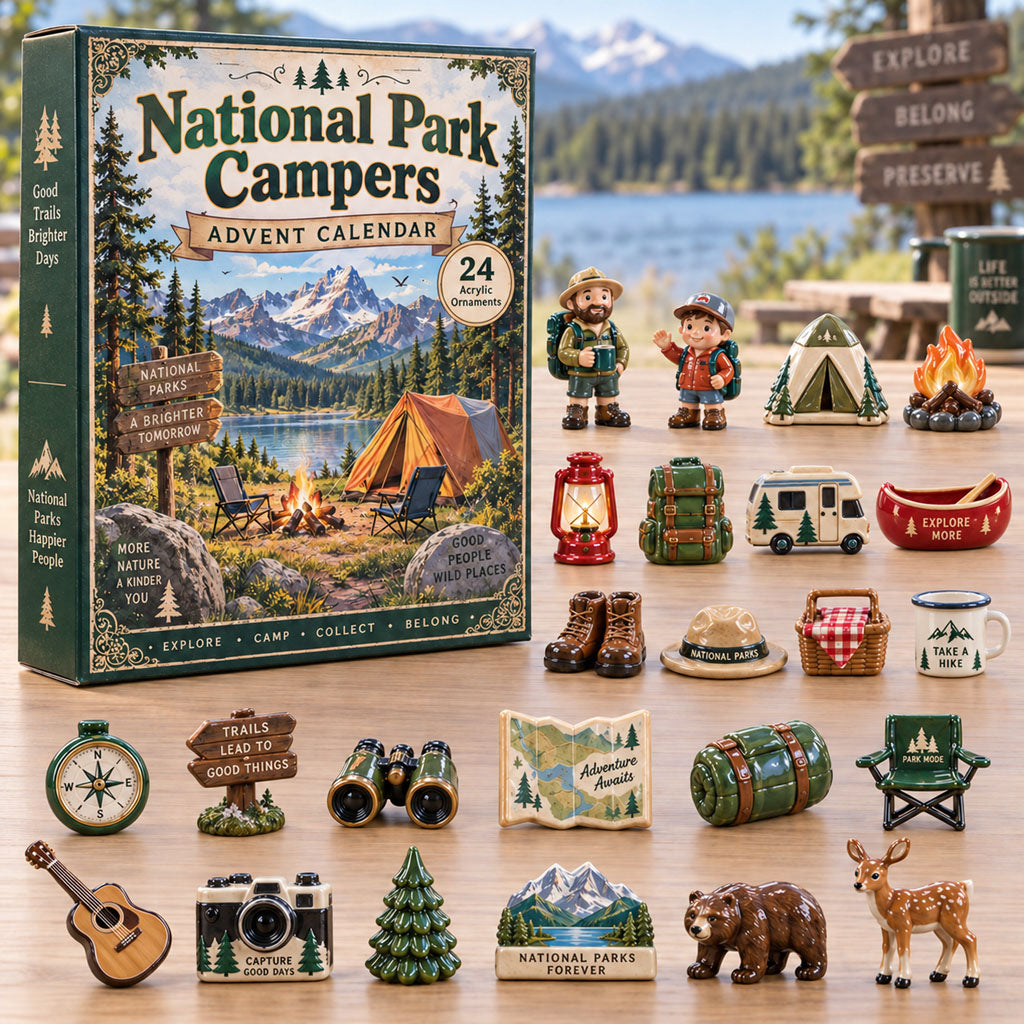 National Parks Campers advent calendar box with 24 acrylic Christmas charms