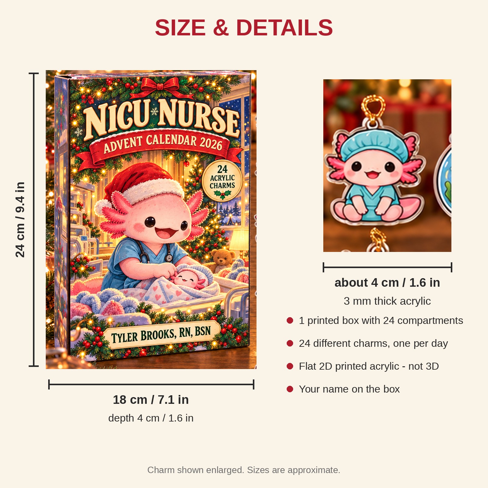 Personalized NICU Nurse Axolotl advent calendar box with 24 flat acrylic Christmas charms: box and charm sizes