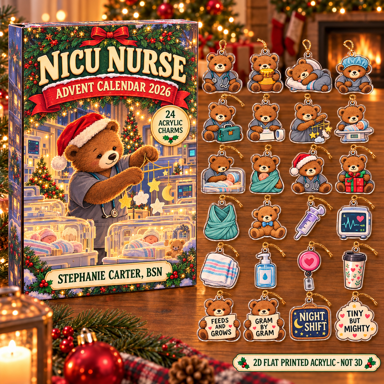 Personalized NICU Nurse Bear advent calendar box with 24 flat acrylic Christmas charms