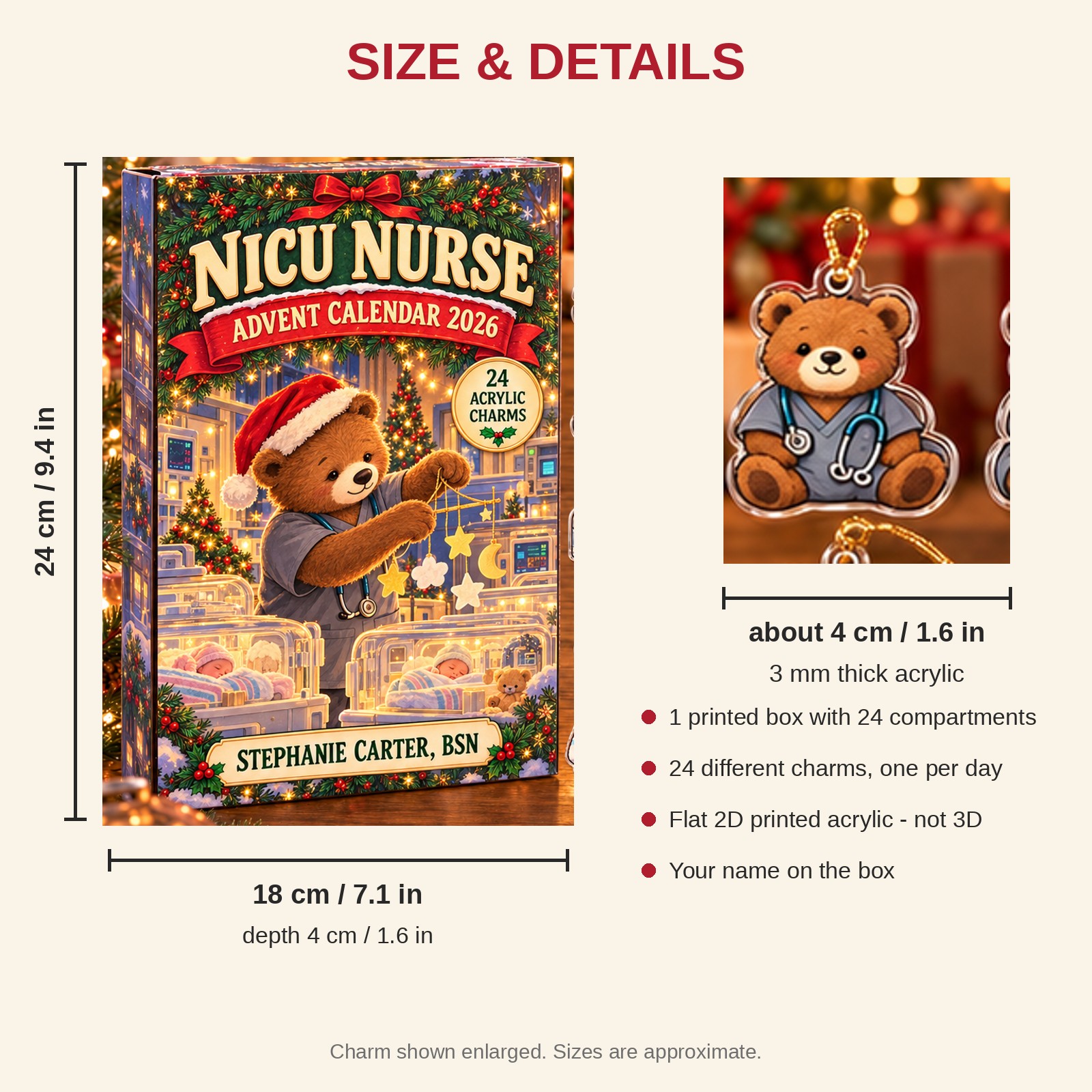 Personalized NICU Nurse Bear advent calendar box with 24 flat acrylic Christmas charms: box and charm sizes