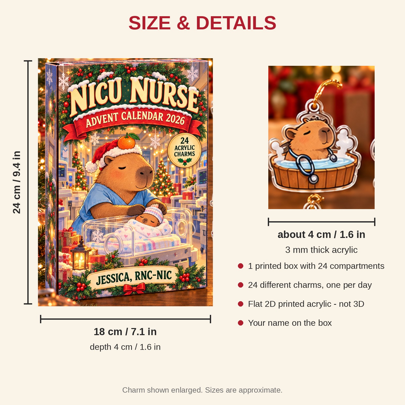 Personalized NICU Nurse Capybara advent calendar box with 24 flat acrylic Christmas charms: box and charm sizes