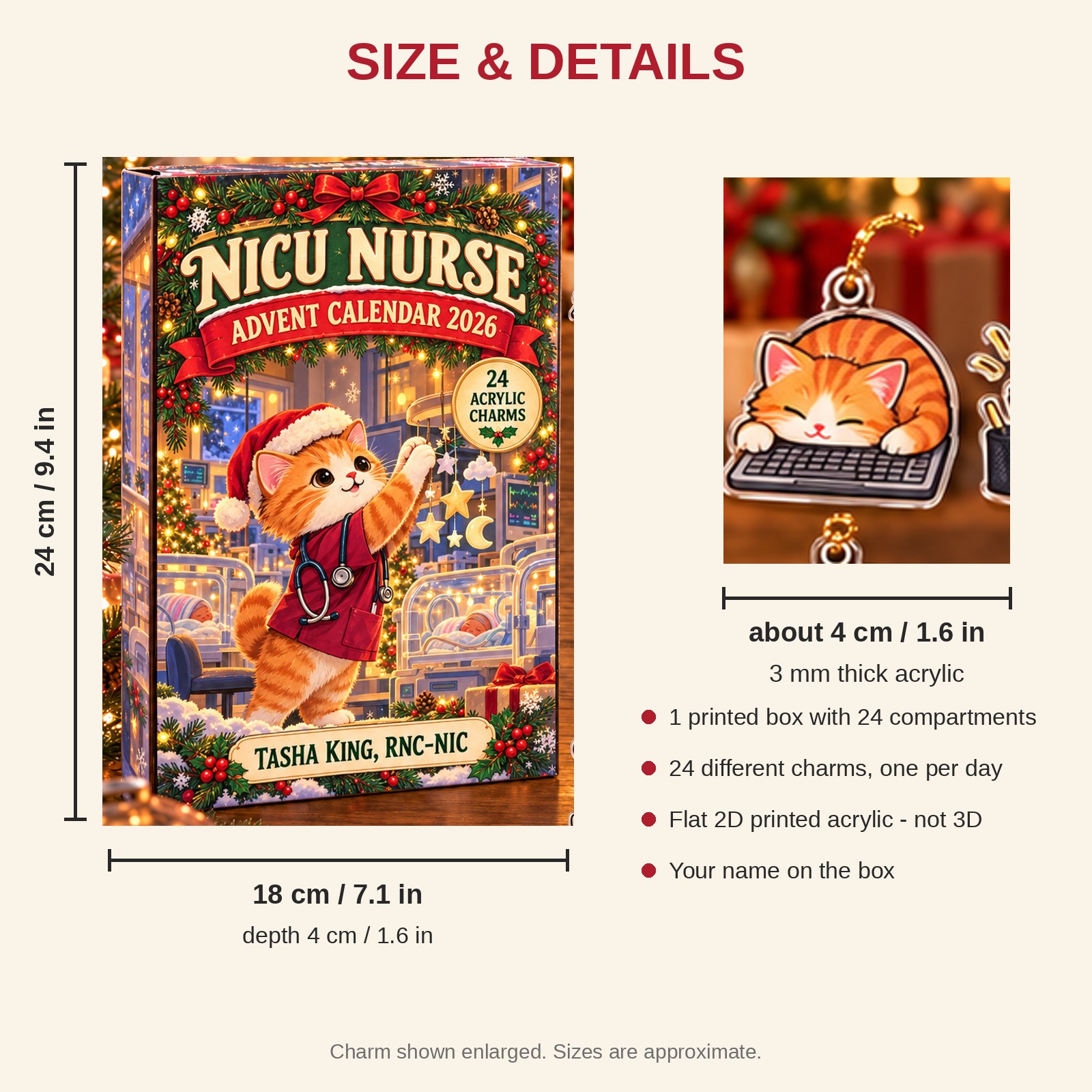 Personalized NICU Nurse Cat advent calendar box with 24 flat acrylic Christmas charms: box and charm sizes