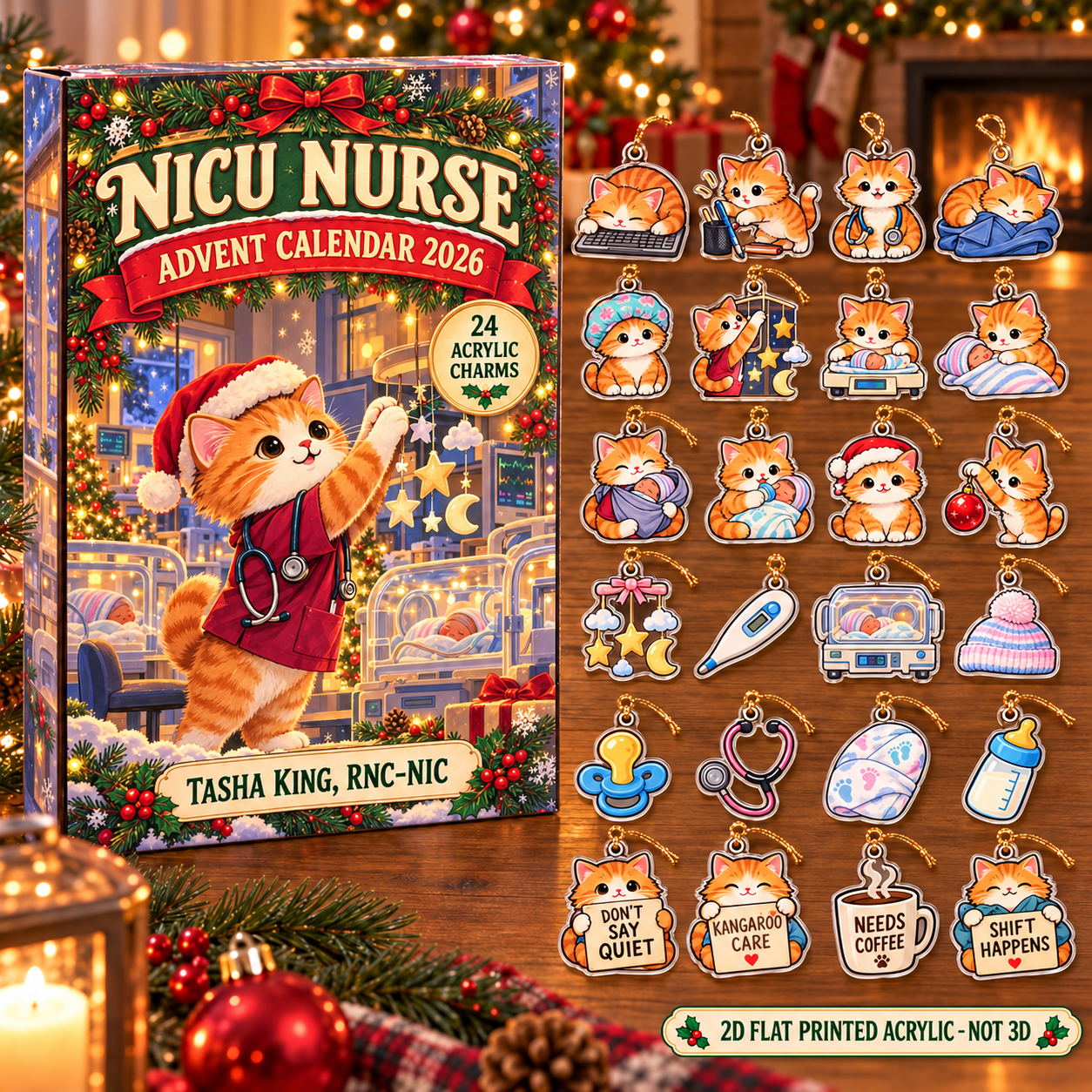 Personalized NICU Nurse Cat advent calendar box with 24 flat acrylic Christmas charms