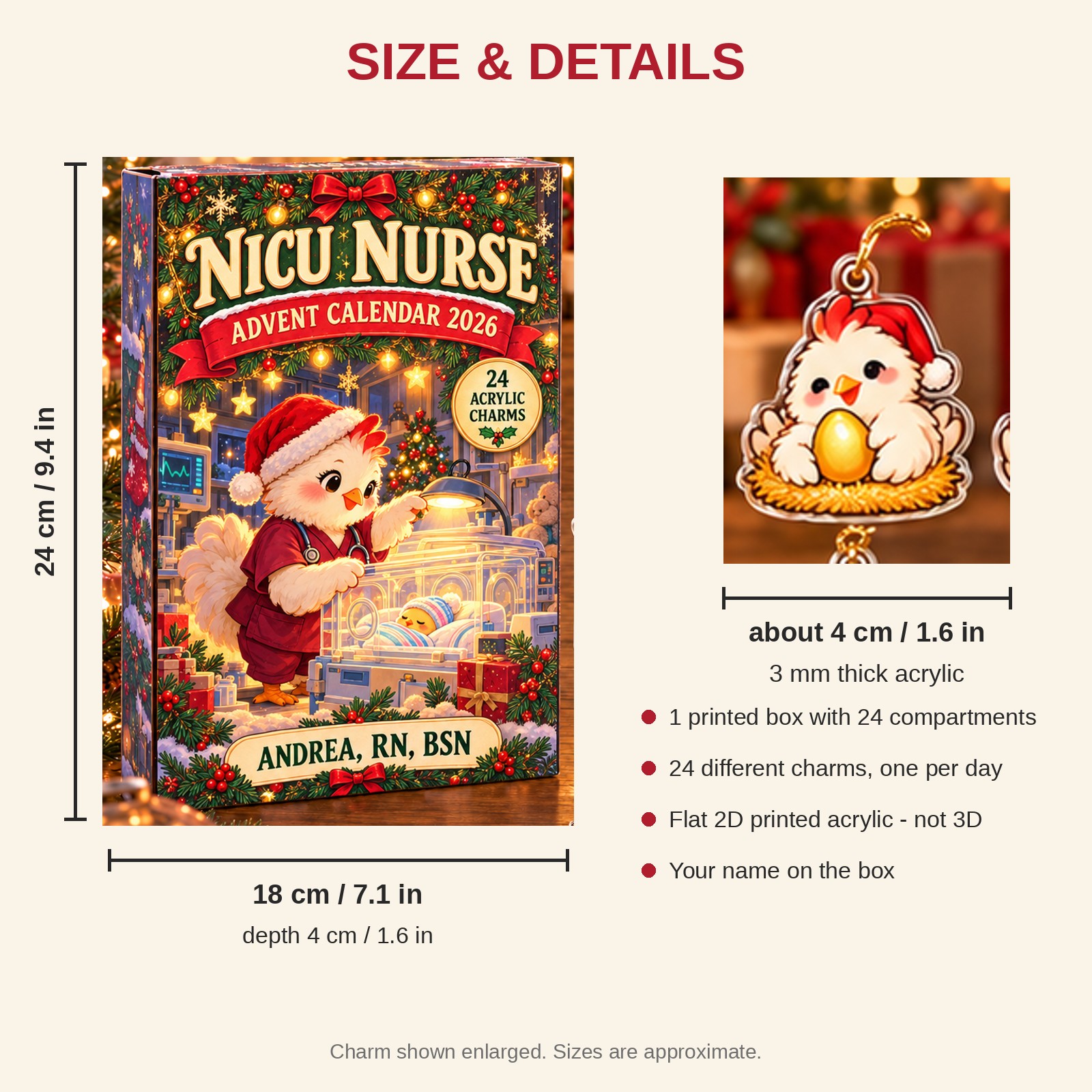 Personalized NICU Nurse Chicken advent calendar box with 24 flat acrylic Christmas charms: box and charm sizes