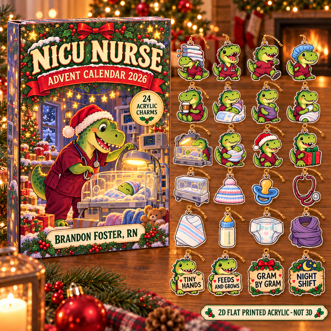Personalized NICU Nurse Dinosaur advent calendar box with 24 flat acrylic Christmas charms
