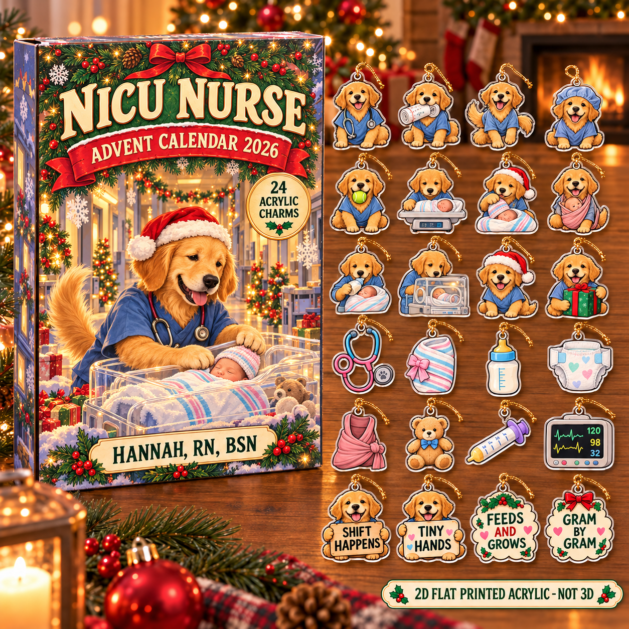 Personalized NICU Nurse Dog advent calendar box with 24 flat acrylic Christmas charms