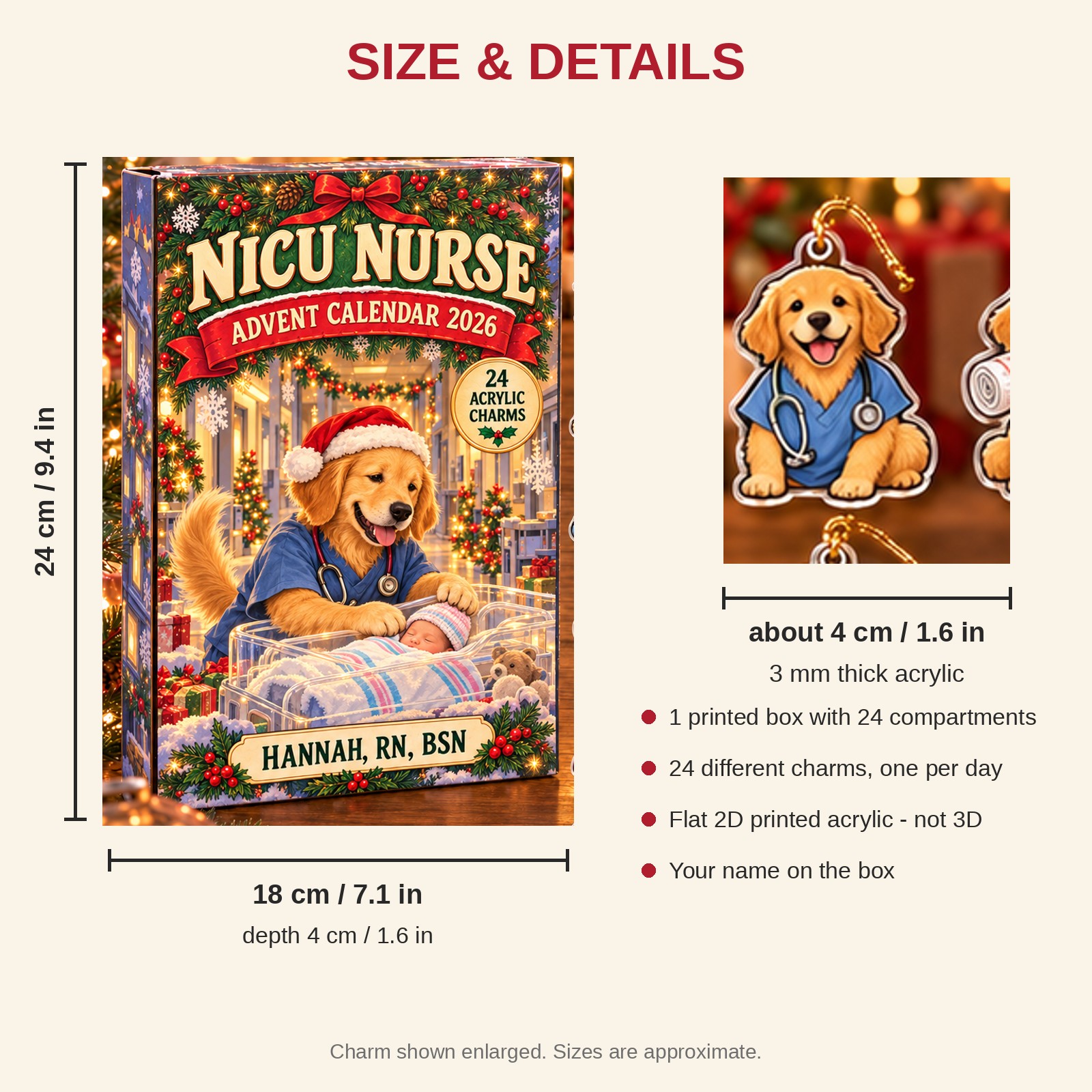 Personalized NICU Nurse Dog advent calendar box with 24 flat acrylic Christmas charms: box and charm sizes
