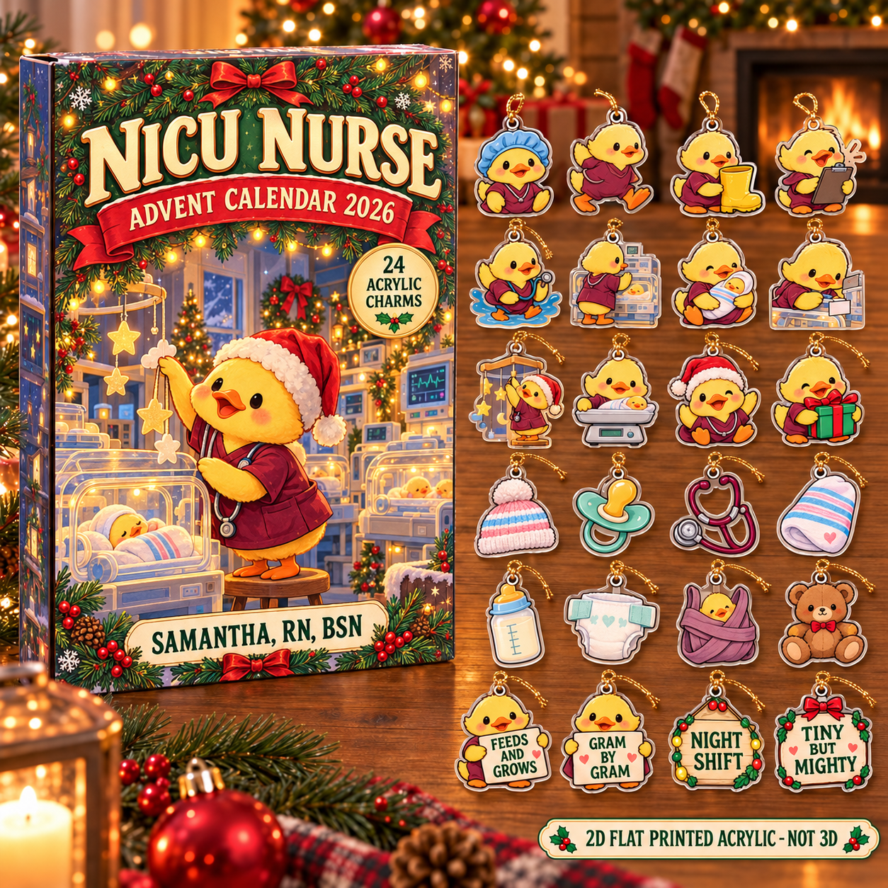 Personalized NICU Nurse Duck advent calendar box with 24 flat acrylic Christmas charms