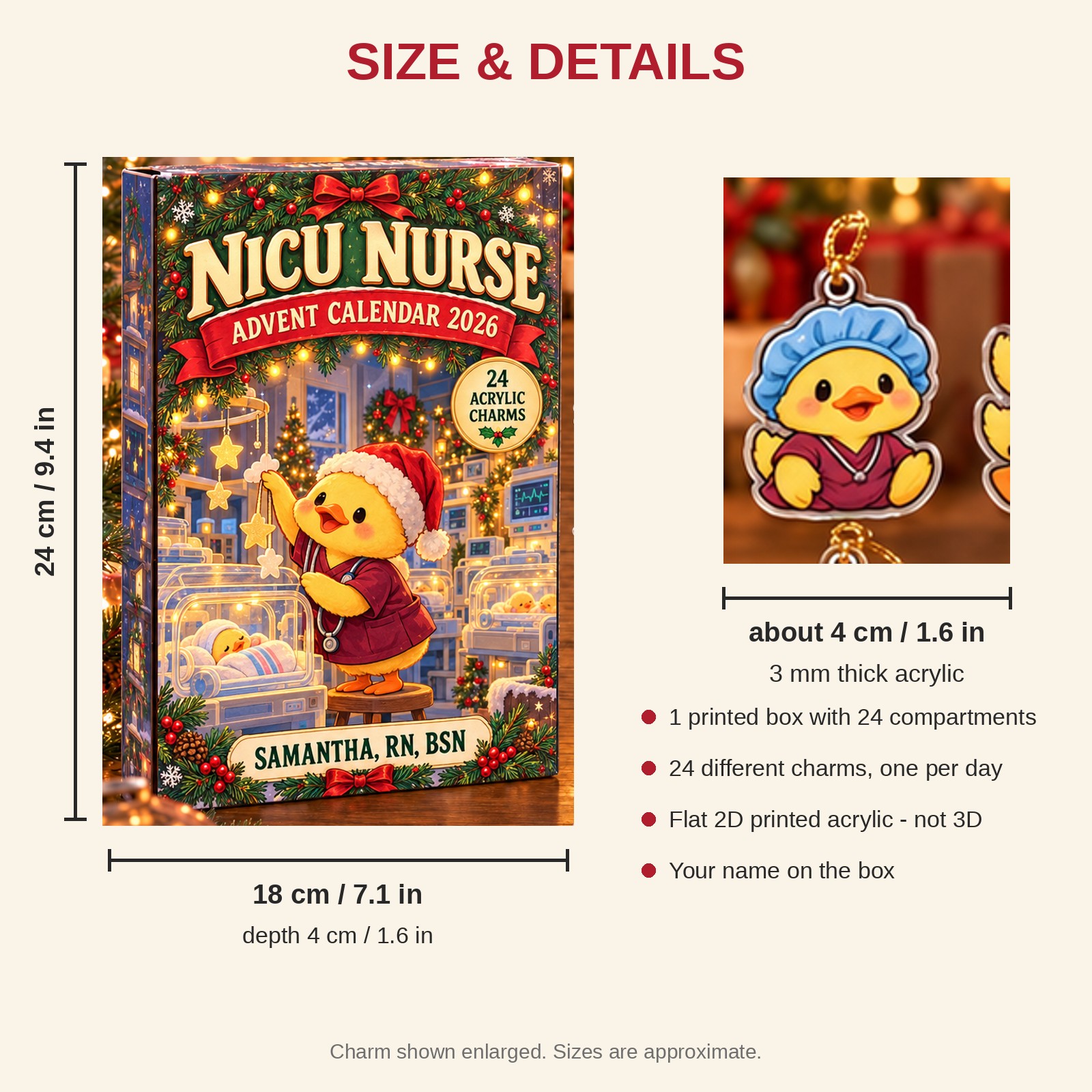 Personalized NICU Nurse Duck advent calendar box with 24 flat acrylic Christmas charms: box and charm sizes