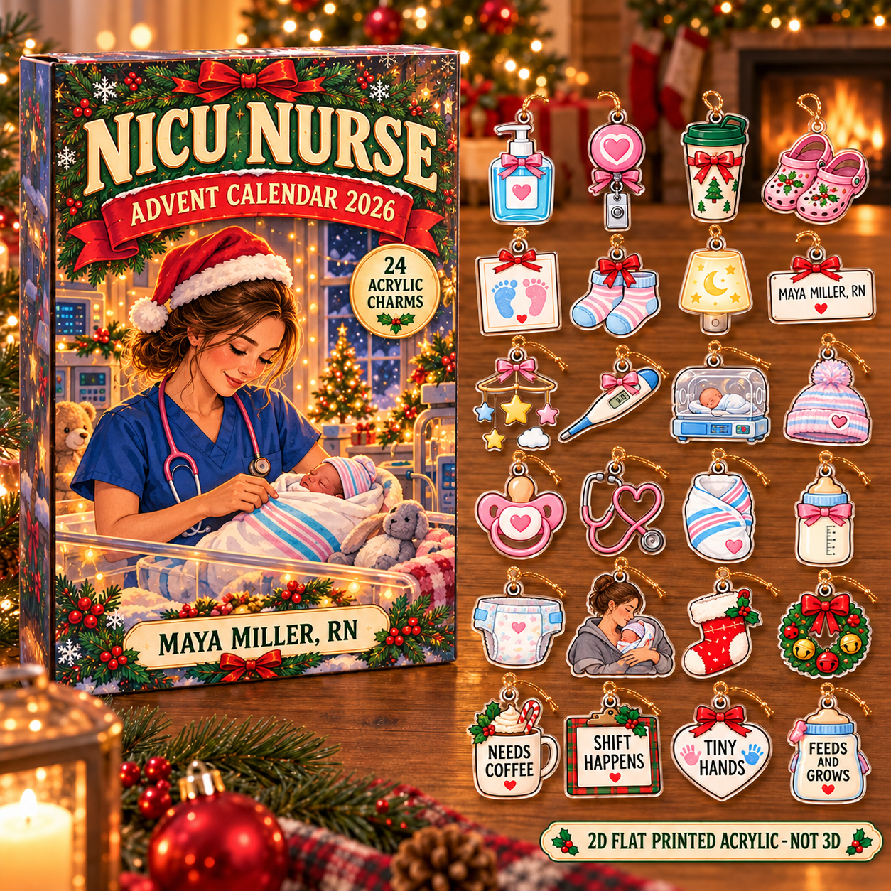 Personalized NICU Nurse Essentials advent calendar box with 24 flat acrylic Christmas charms