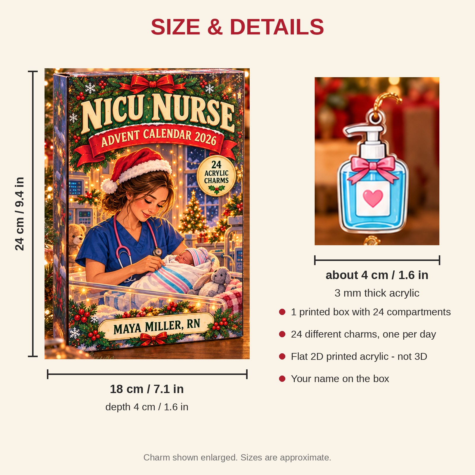 Personalized NICU Nurse Essentials advent calendar box with 24 flat acrylic Christmas charms: box and charm sizes