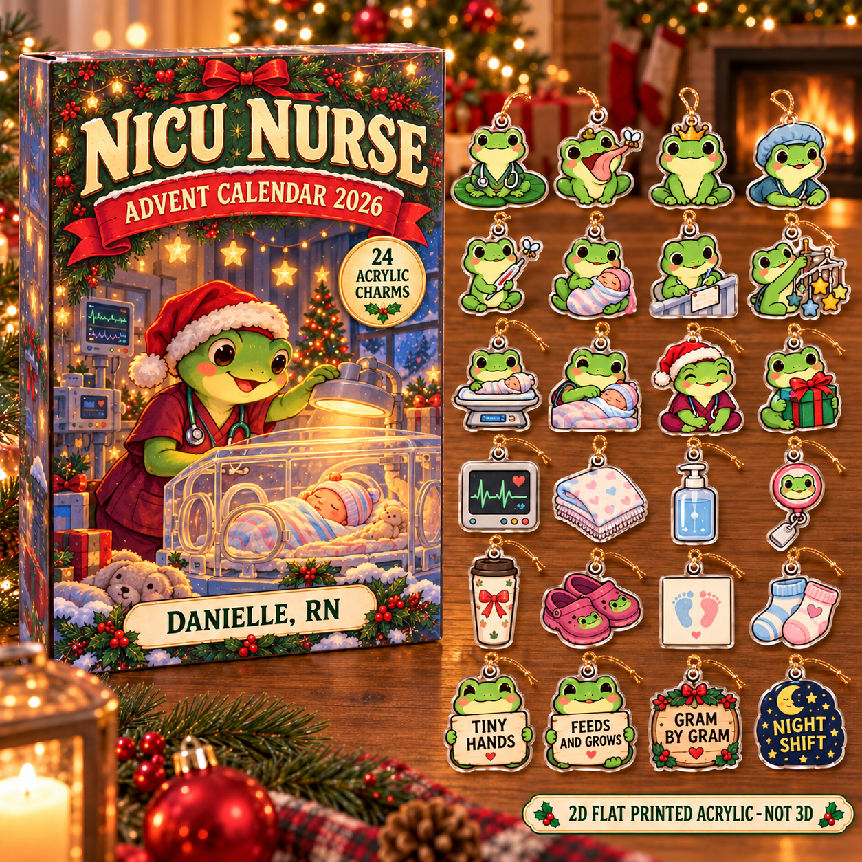 Personalized NICU Nurse Frog advent calendar box with 24 flat acrylic Christmas charms