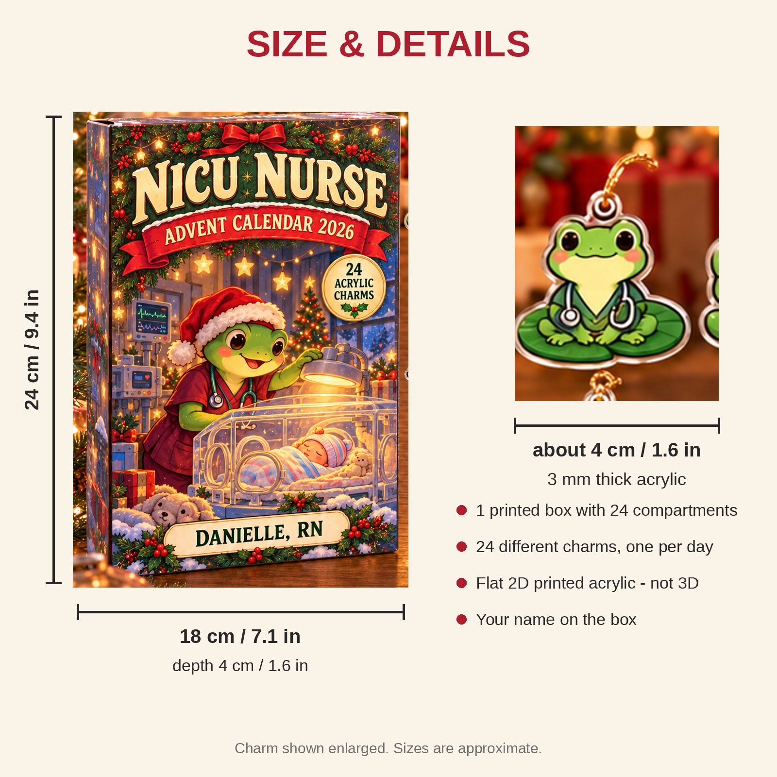 Personalized NICU Nurse Frog advent calendar box with 24 flat acrylic Christmas charms: box and charm sizes