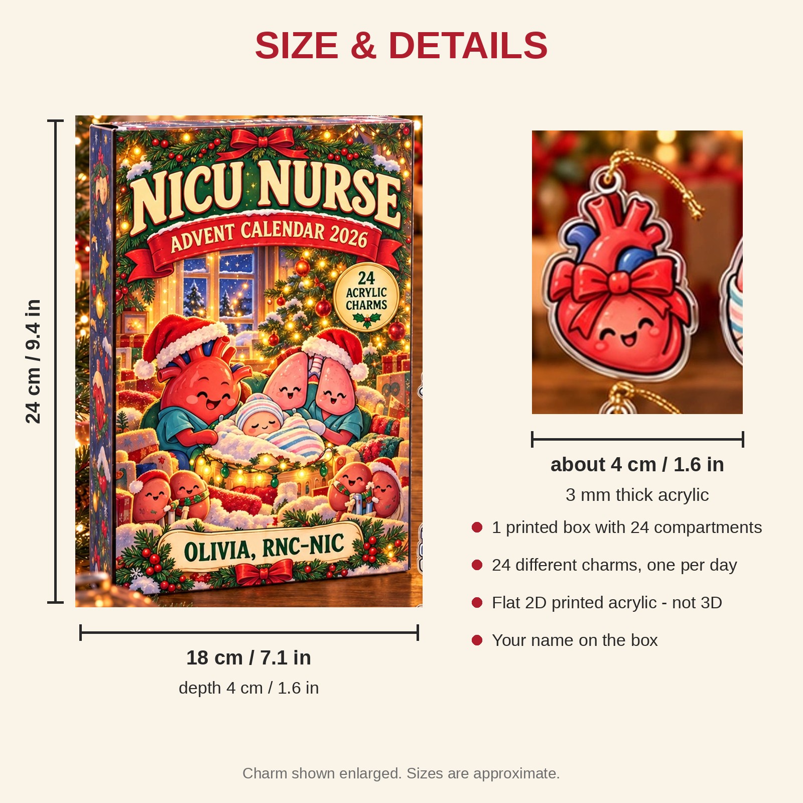 Personalized Funny Anatomy NICU Nurse advent calendar box with 24 flat acrylic Christmas charms: box and charm sizes