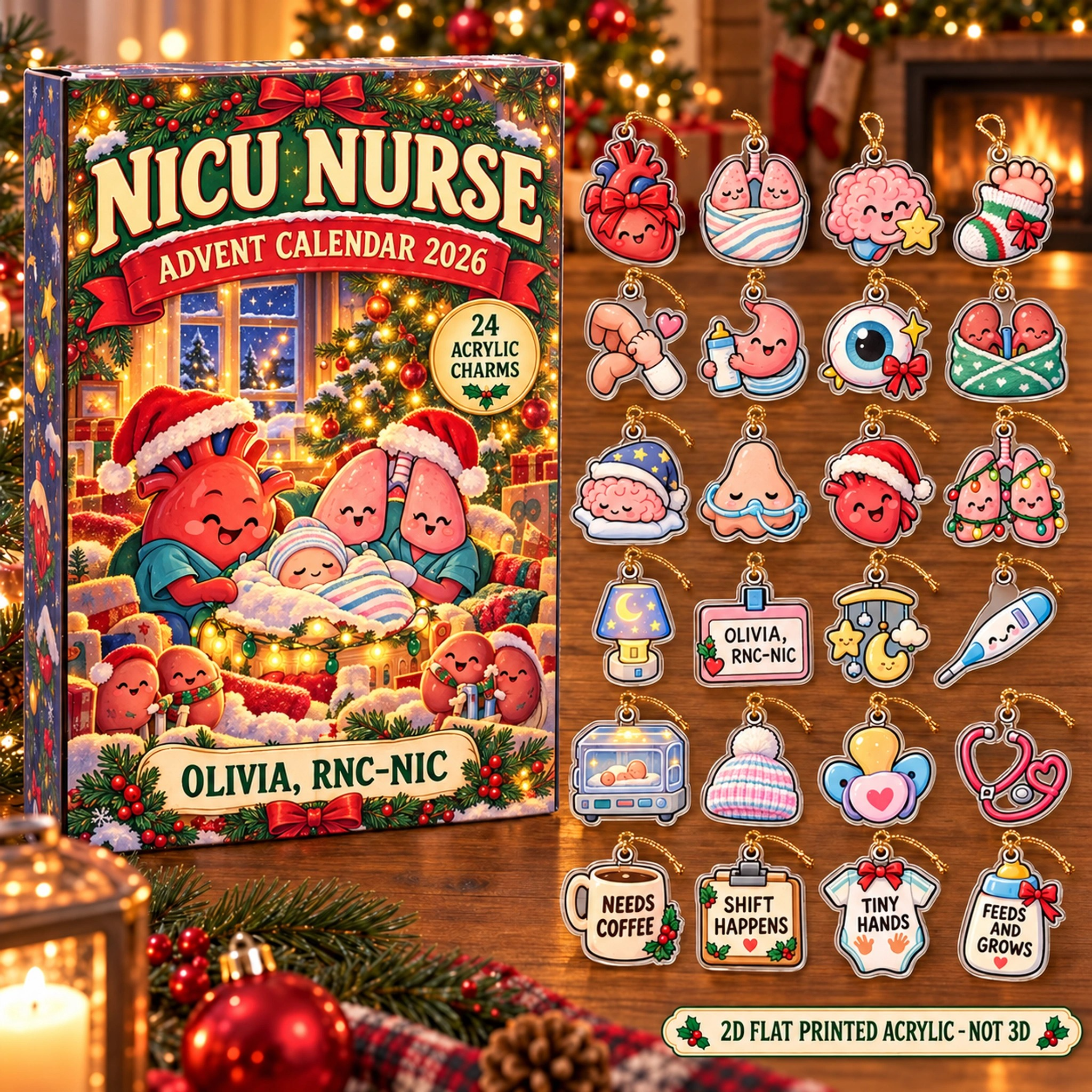 Personalized Funny Anatomy NICU Nurse advent calendar box with 24 flat acrylic Christmas charms