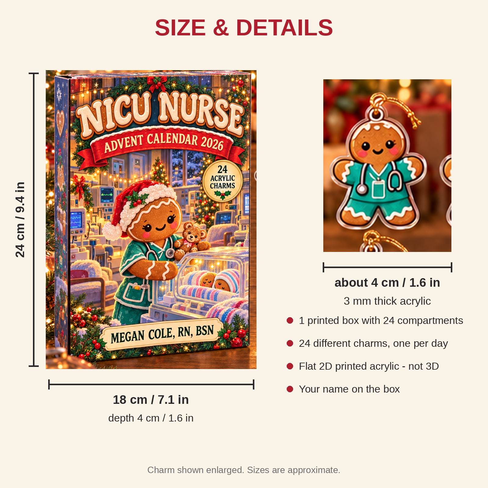 Personalized Gingerbread NICU Nurse advent calendar box with 24 flat acrylic Christmas charms: box and charm sizes