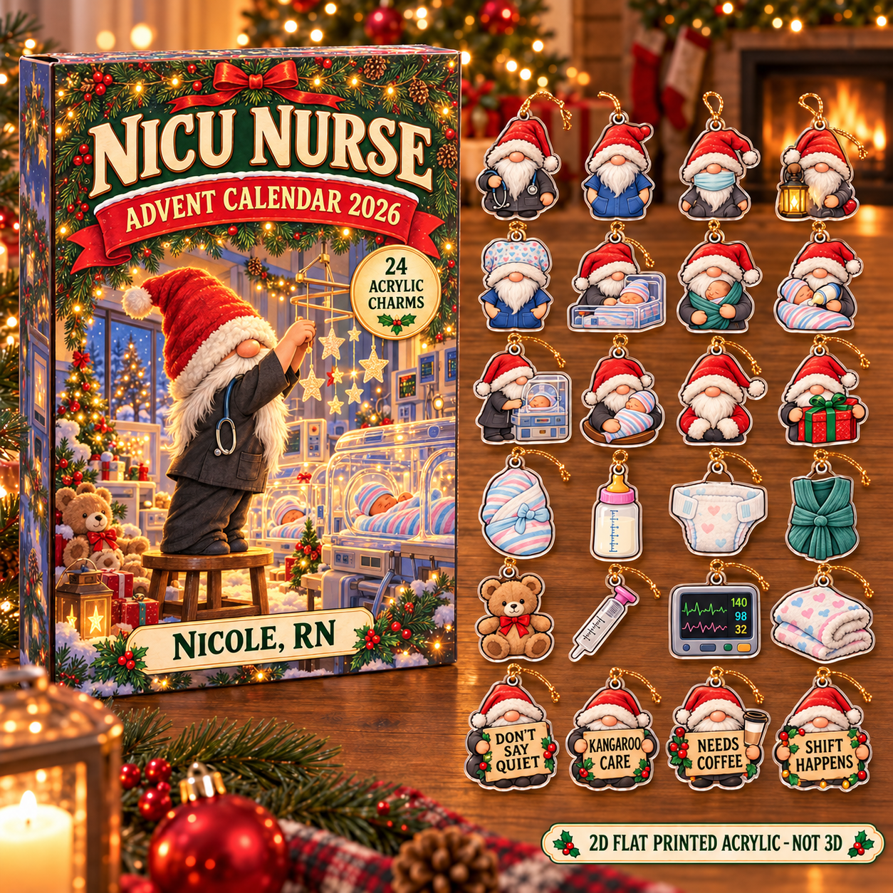 Personalized Gnome NICU Nurse advent calendar box with 24 flat acrylic Christmas charms