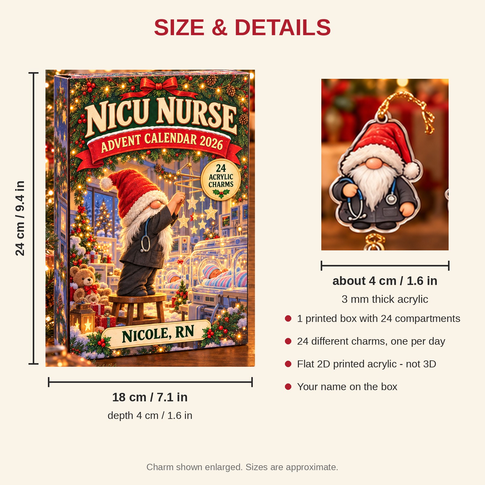 Personalized Gnome NICU Nurse advent calendar box with 24 flat acrylic Christmas charms: box and charm sizes