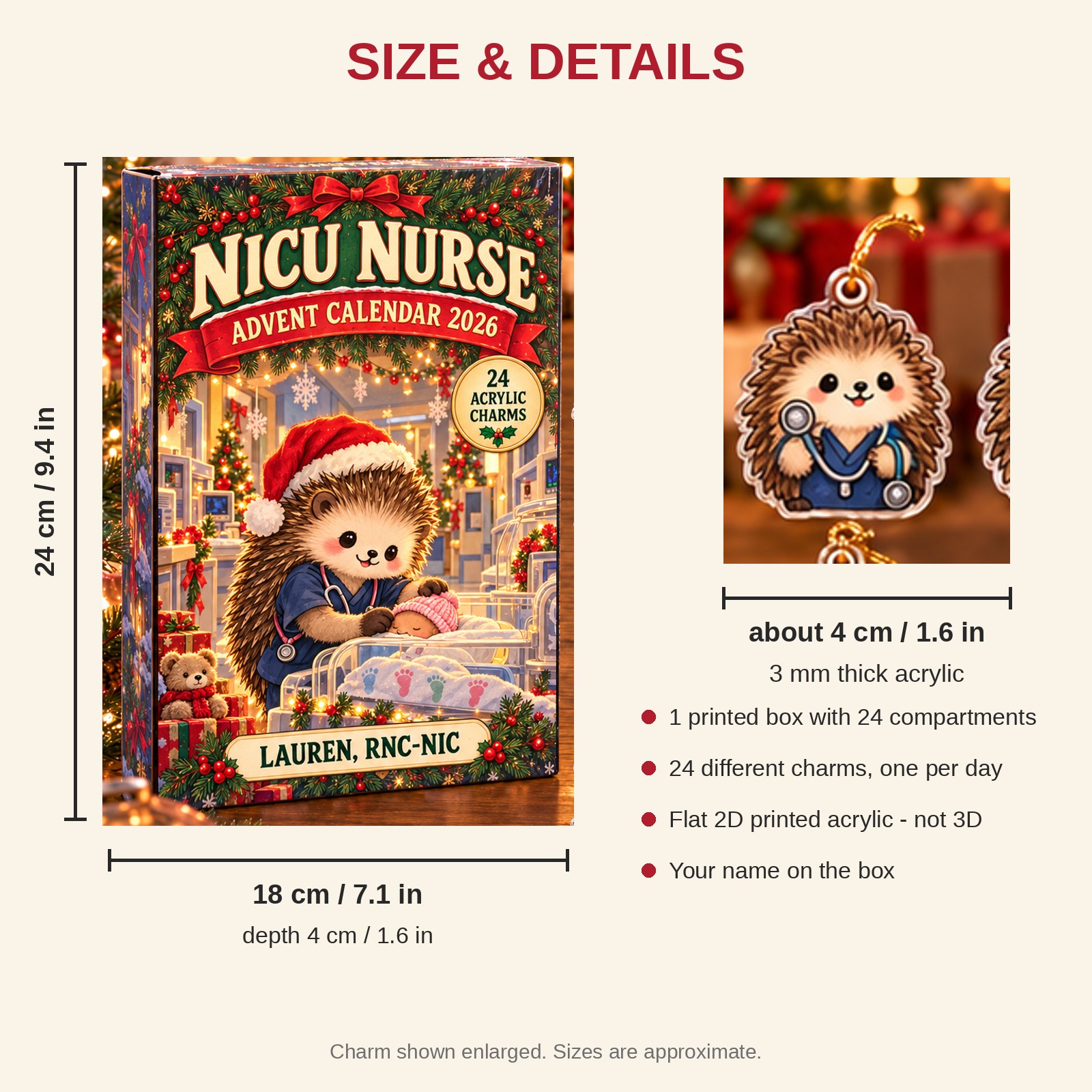Personalized NICU Nurse Hedgehog advent calendar box with 24 flat acrylic Christmas charms: box and charm sizes