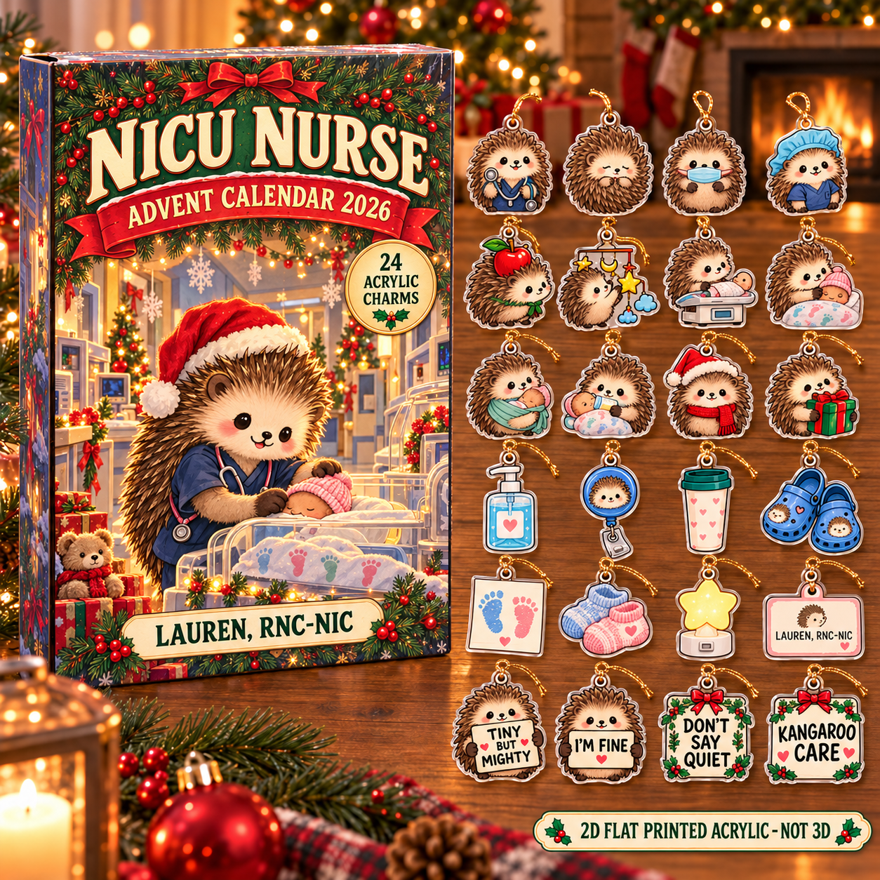 Personalized NICU Nurse Hedgehog advent calendar box with 24 flat acrylic Christmas charms