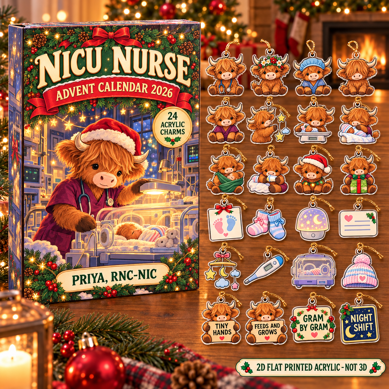 Personalized NICU Nurse Highland Cow advent calendar box with 24 flat acrylic Christmas charms