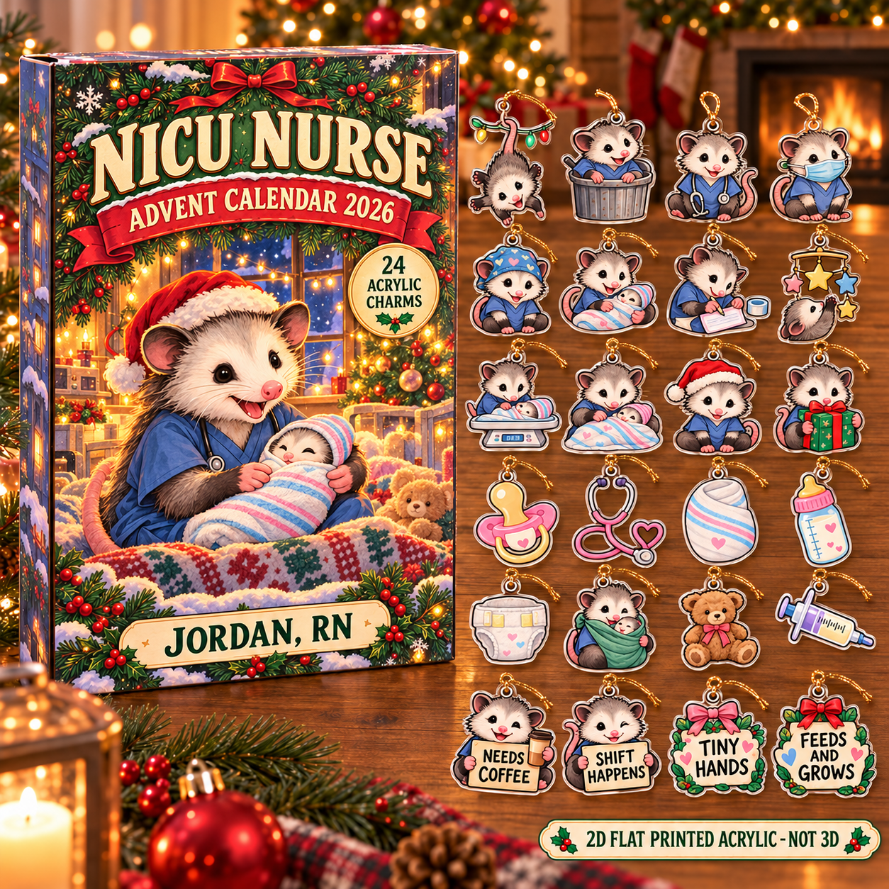 Personalized NICU Nurse Opossum advent calendar box with 24 flat acrylic Christmas charms